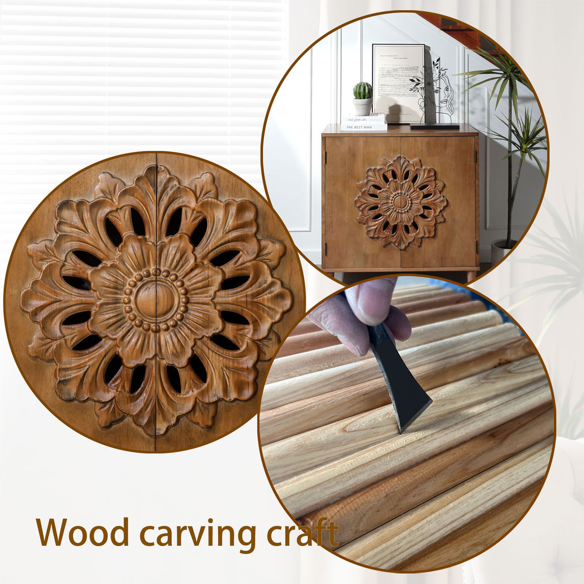 2 Door Accent Storage Cabinet With Floral Design, Sideboard For Living Room - Dark Brown