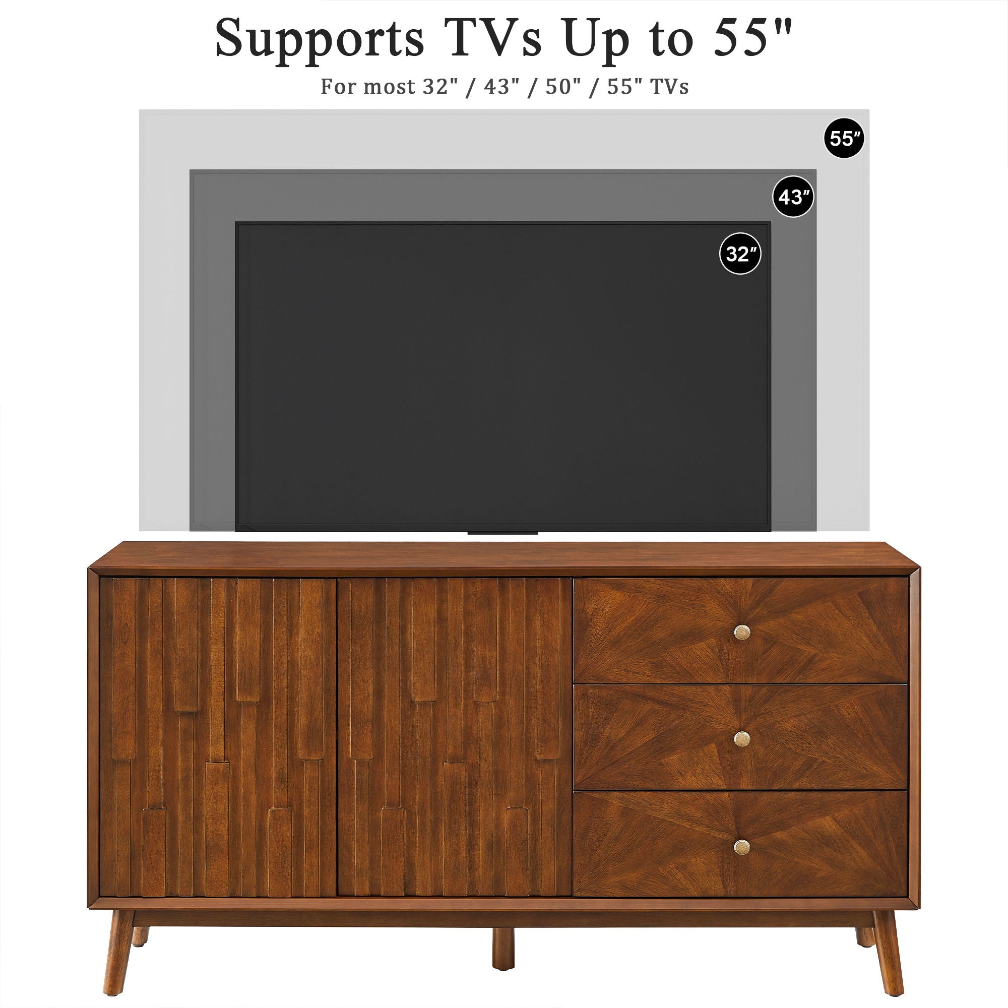TV Stand With Storage, Entertainment Center, 3 Drawers And 2 Doors For Living Room - Walnut