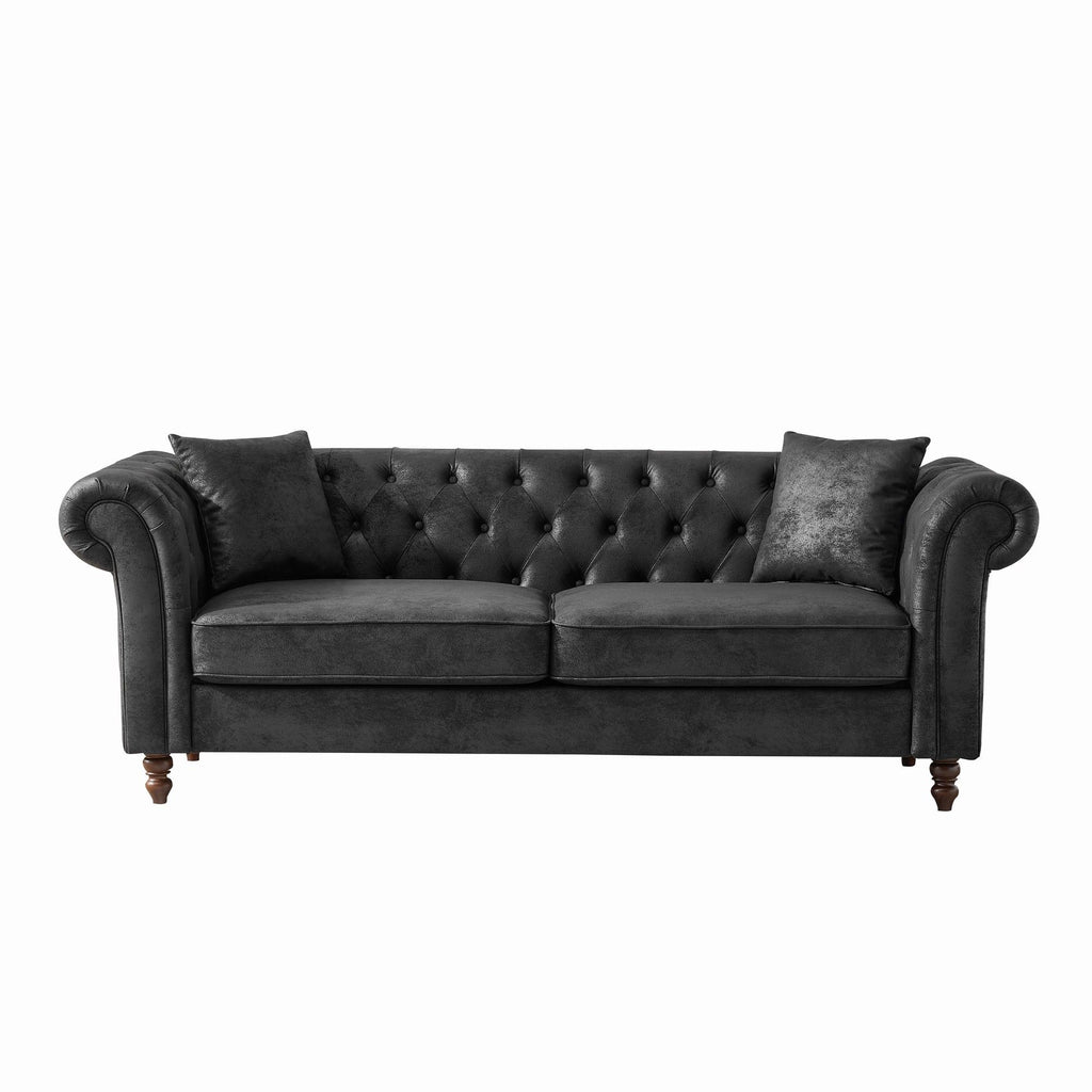 Chesterfield Sofa, High Tech Fabric Roll Armrest, 3 Seater Couch - Black