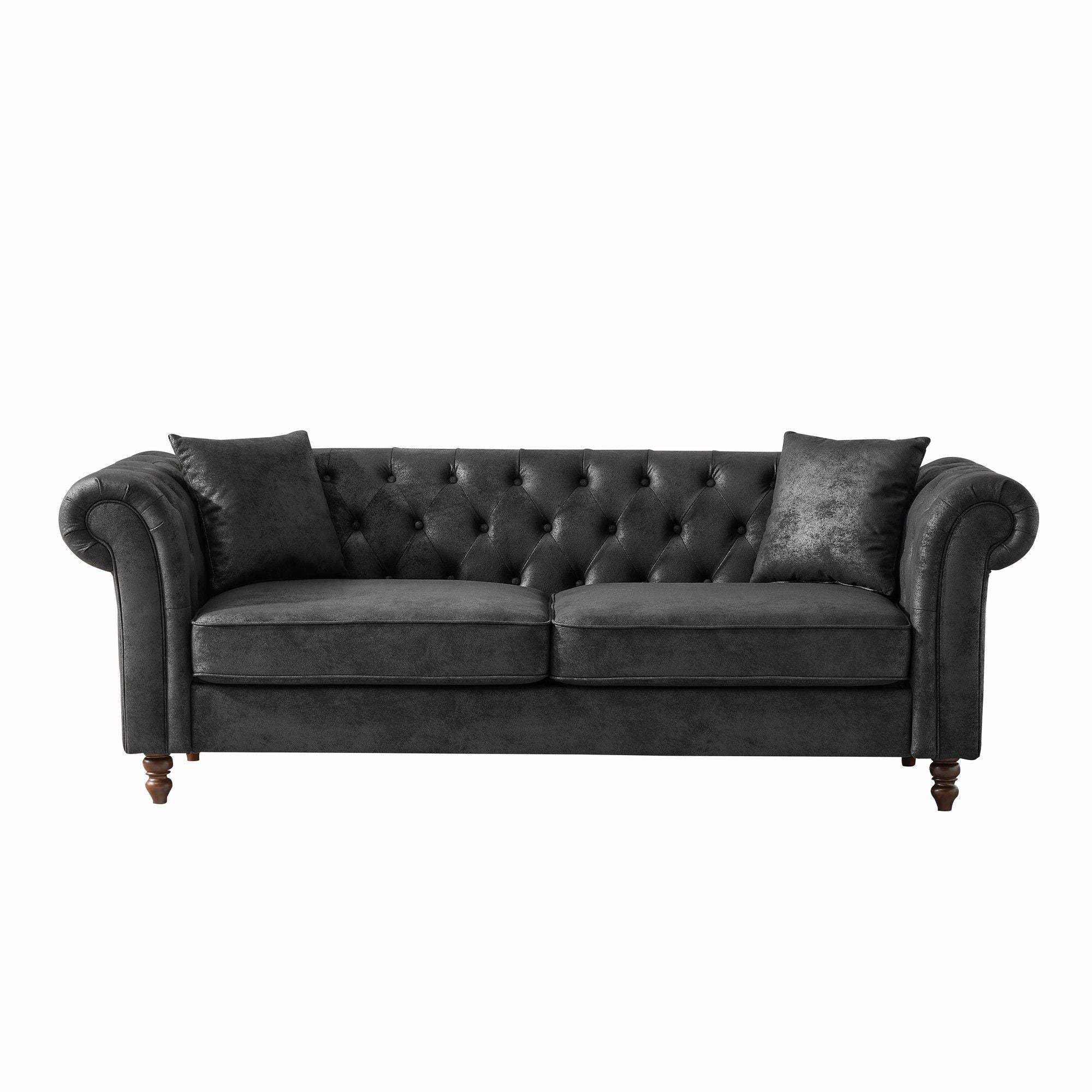 Chesterfield Sofa, High Tech Fabric Roll Armrest, 3 Seater Couch - Black