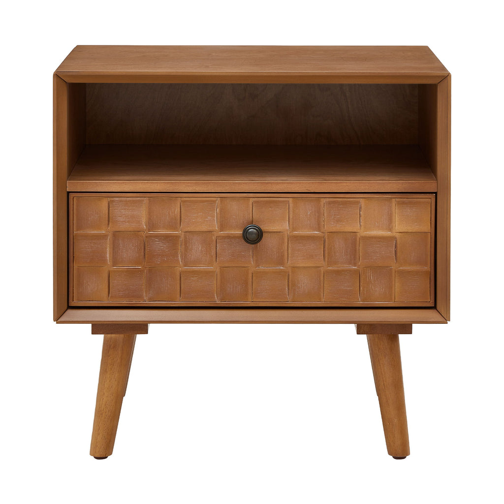 Nightstand With Carved Geometric Drawer Front, 1 Drawer And Open Shelf