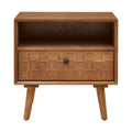Nightstand With Carved Geometric Drawer Front, 1 Drawer And Open Shelf