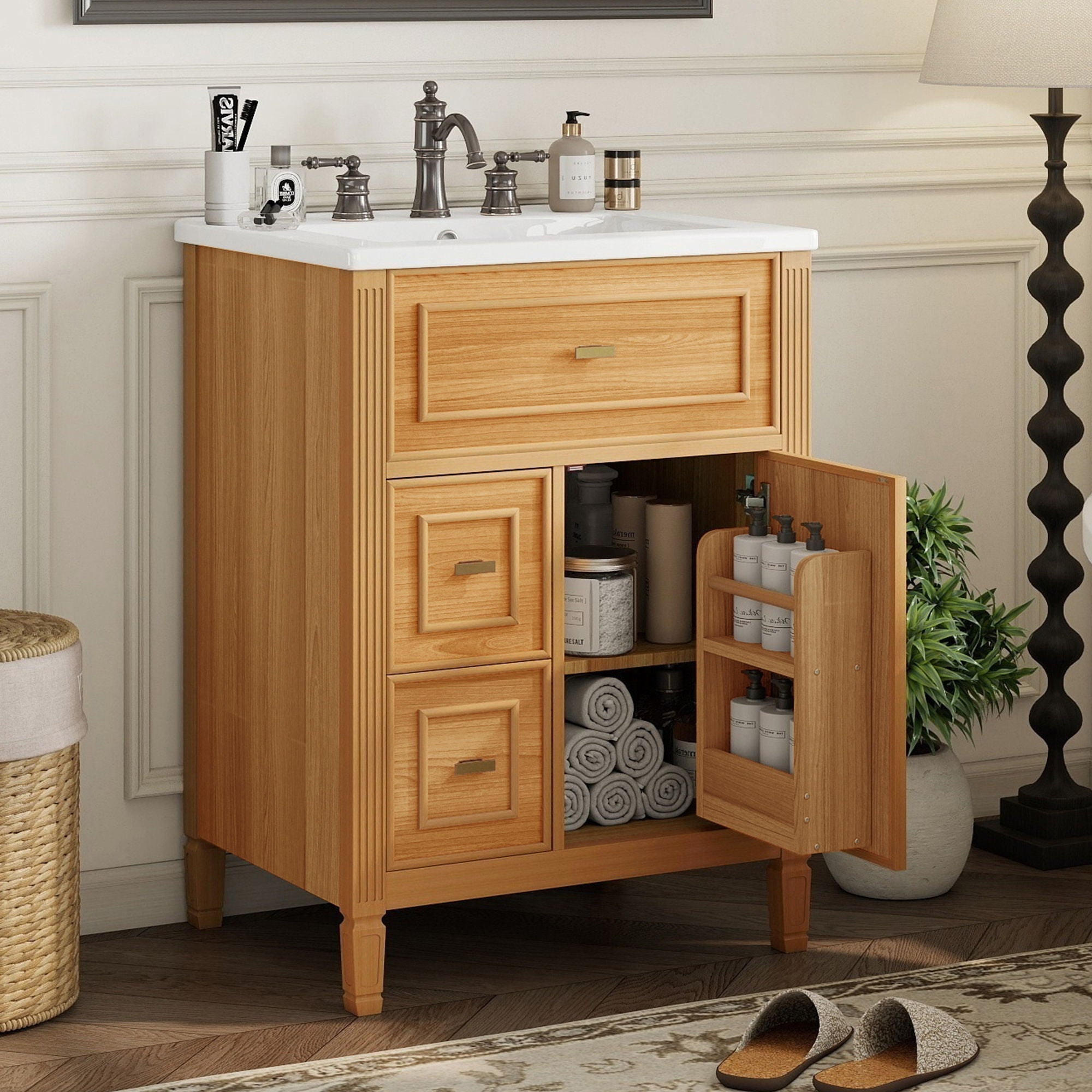 Bathroom Vanity With Sink, Flip Drawer, 2 Drawers, Adjustable Shelf