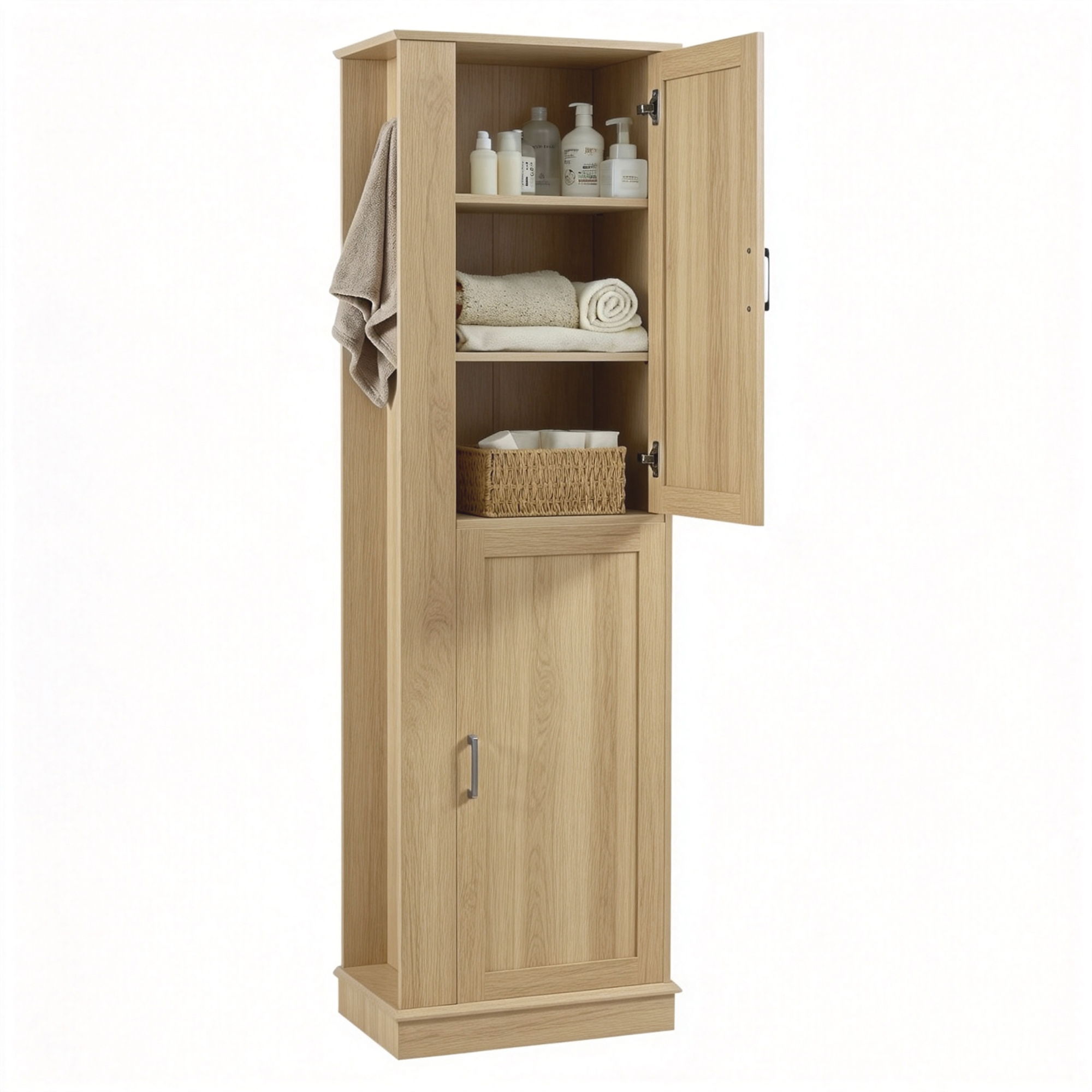 Tall Freestanding Bathroom Storage Cabinet With Adjustable Shelves And Side Hooks