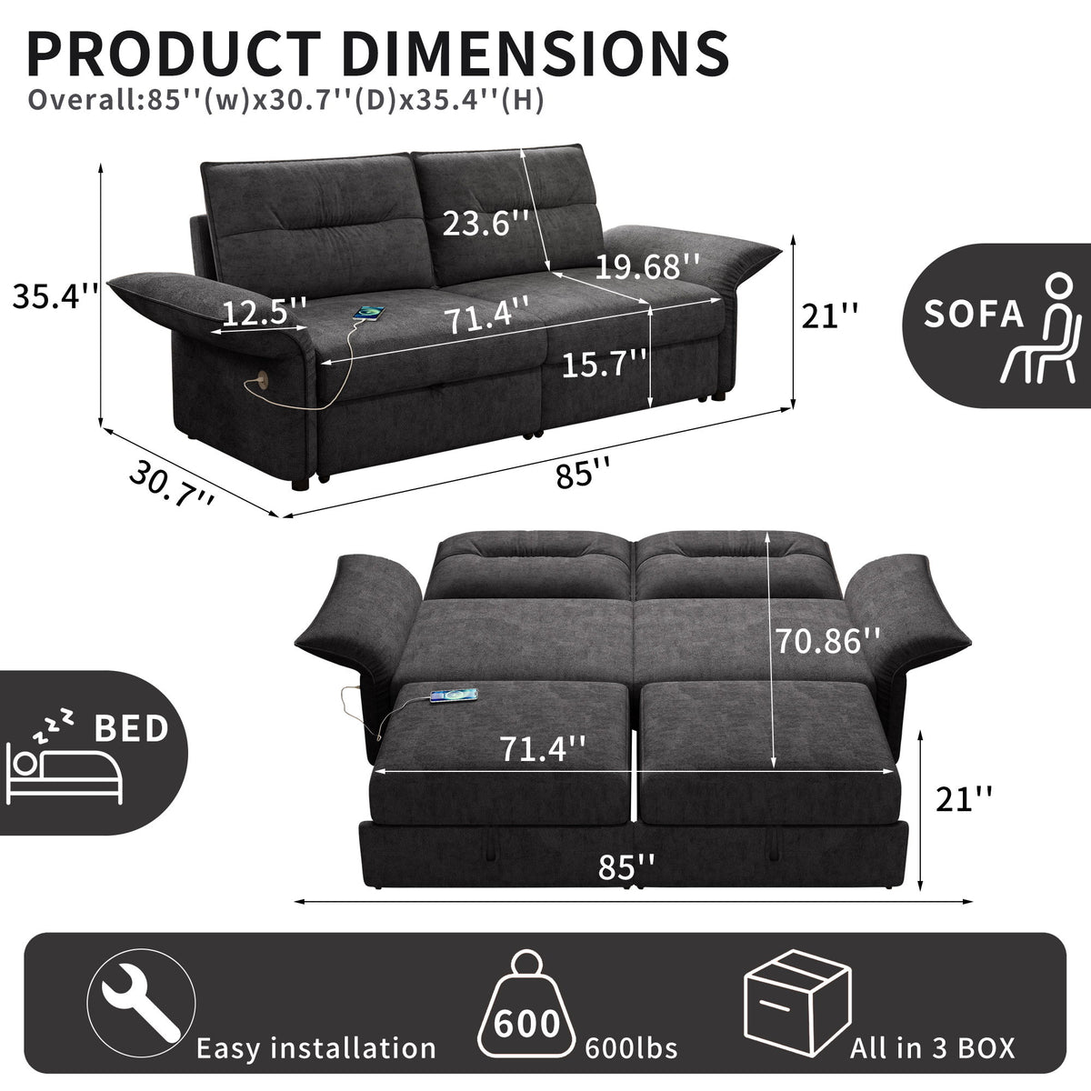 Sofa Bed With Convertible Design, Living Room Furniture