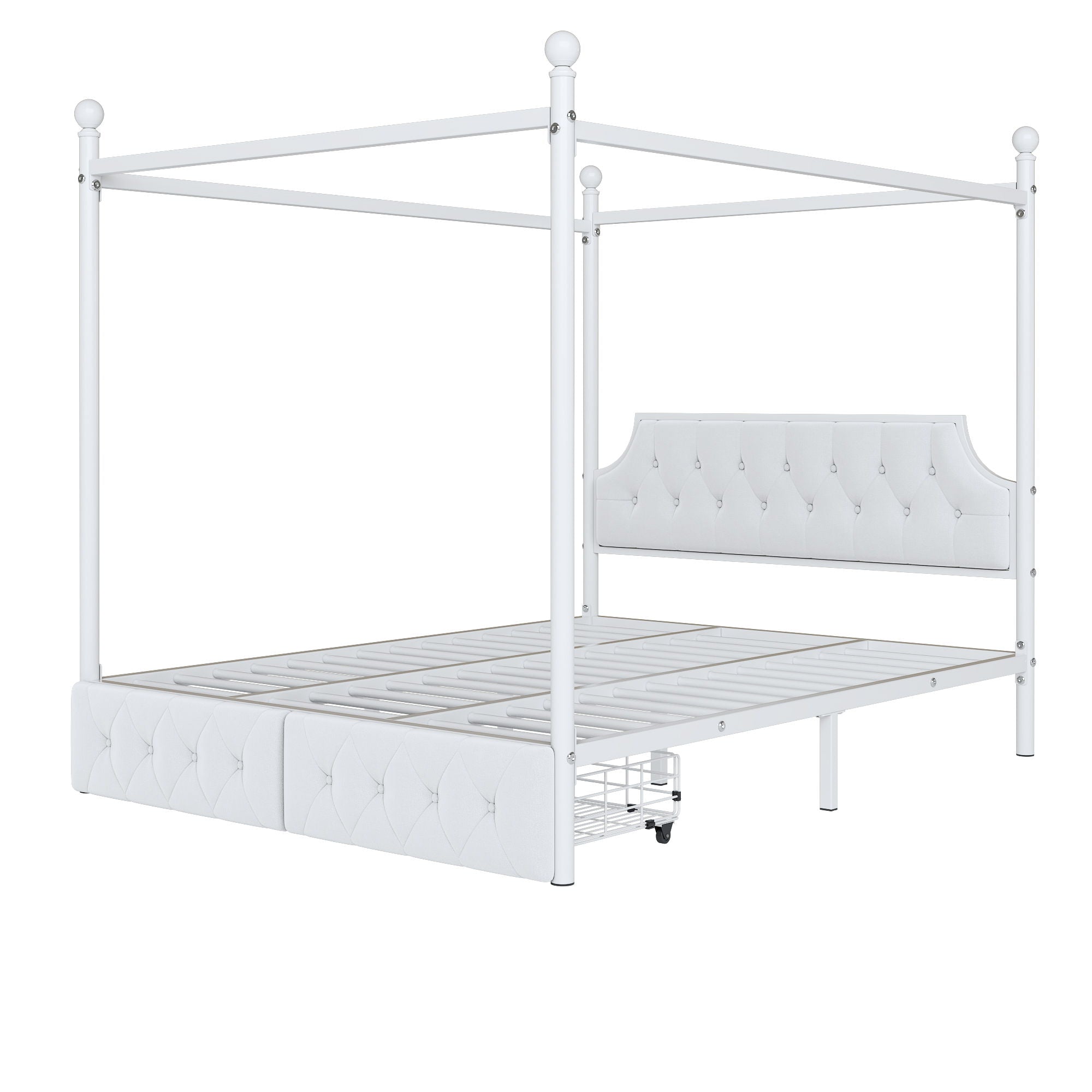 Queen Size Canopy Platform Bed With Upholstered Headboard And 2 Storage Drawers - White