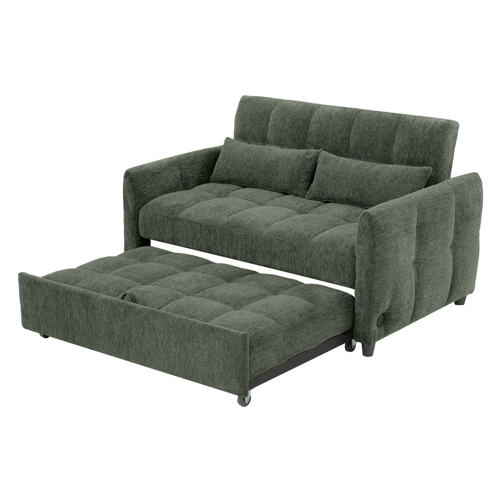 Loveseat Sofa Pull-Out Bed With Adjustable Backrest, 3 USB Ports And 2 Lumbar Pillows For Living Room