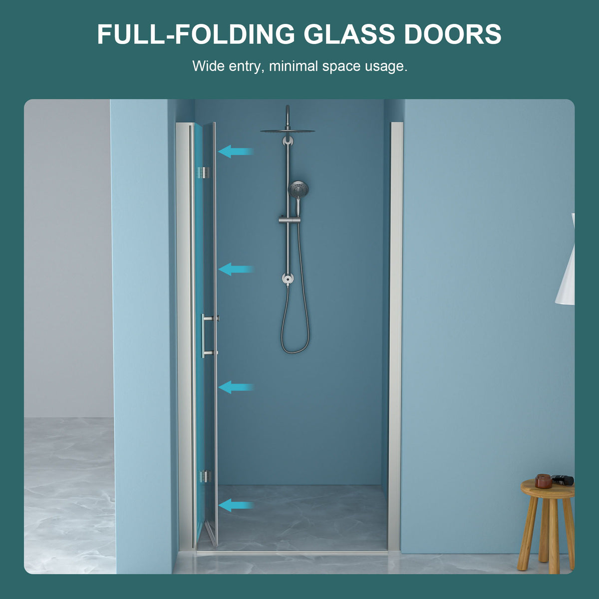 Fold Frameless Shower Door & Tempered Glass - Brushed Silver
