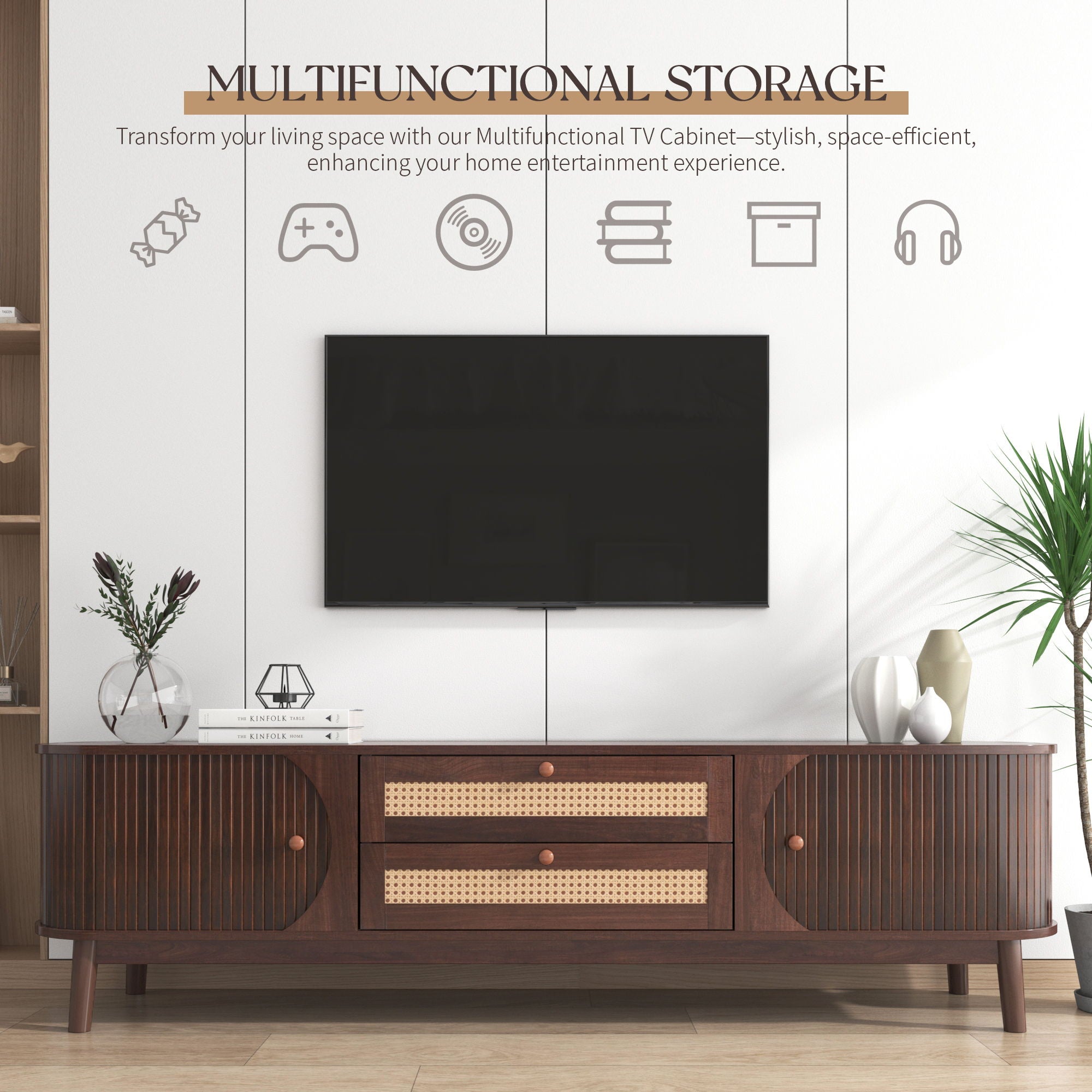 TV Stand For TVs Up To 75'', Cabinet With Drawers And Sliding Doors, Living Room Entertainment Console - Natural Wood / Brown