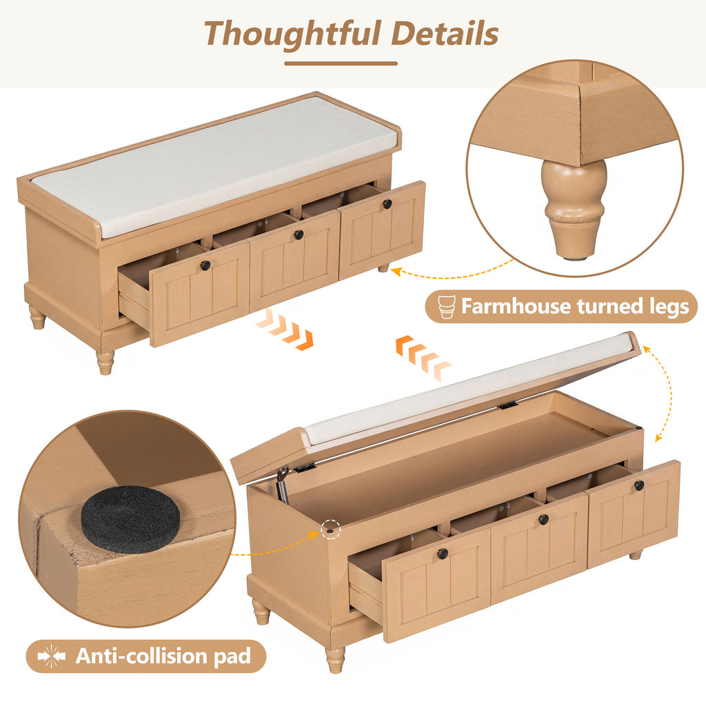 Shoe Bench With Cushion And 3 Drawers - Natural