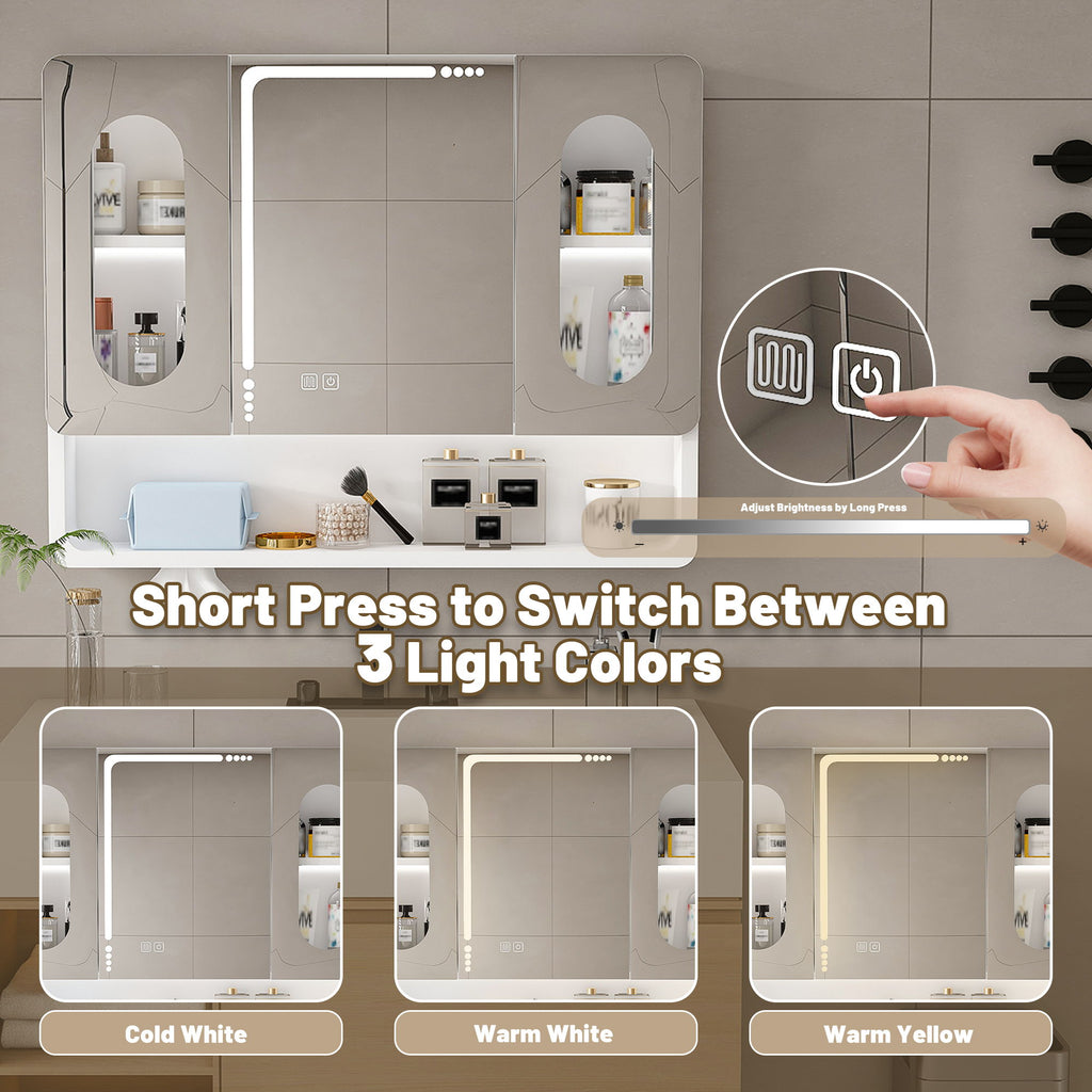 Wall Mounted Bathroom Mirror Cabinet With LED Lights, Anti Fog & Explosion Proof, Touch Control Medicine Cabinet, 3 Color Lighting - White