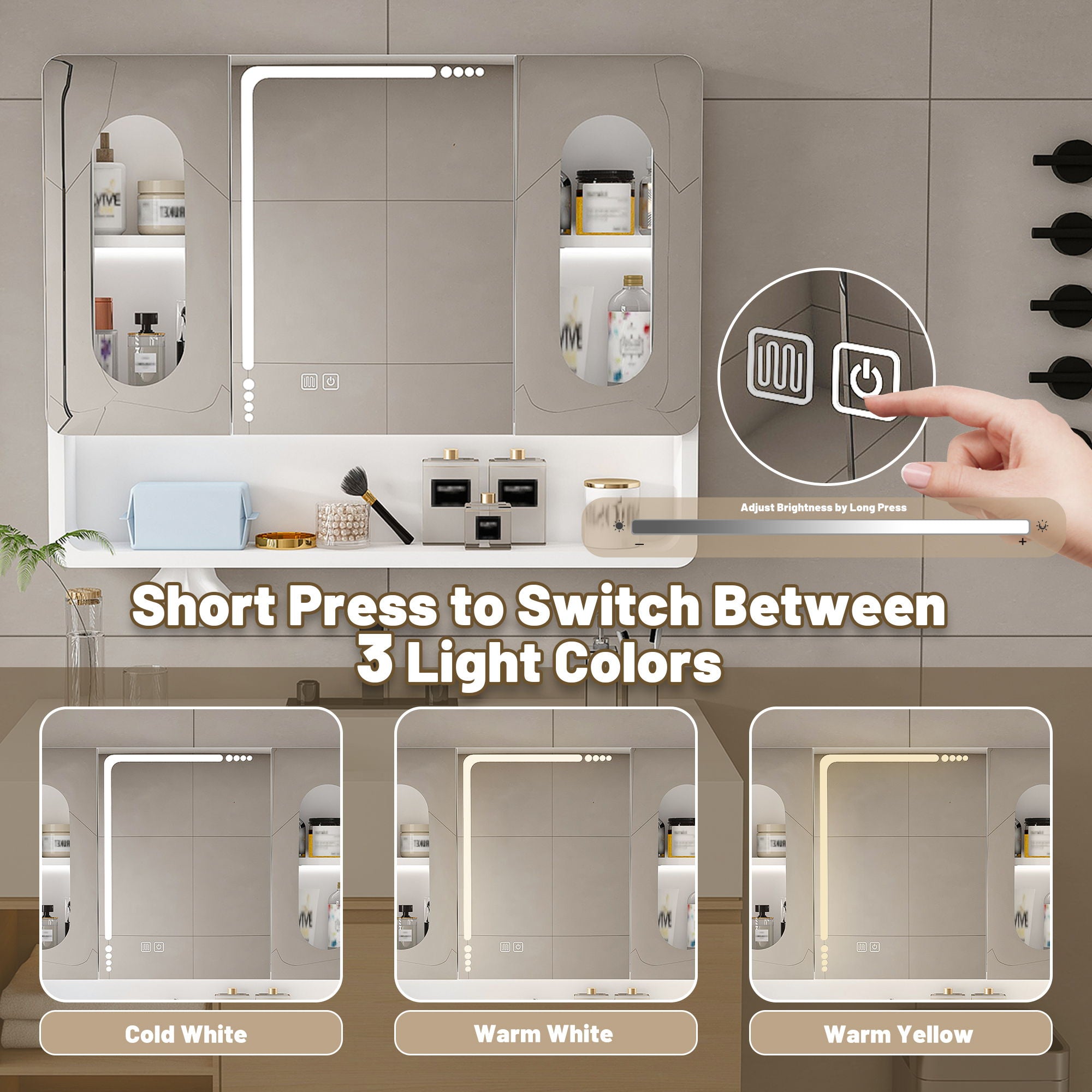 Wall Mounted Bathroom Mirror Cabinet With LED Lights, Anti Fog & Explosion Proof, Touch Control Medicine Cabinet, 3 Color Lighting - White