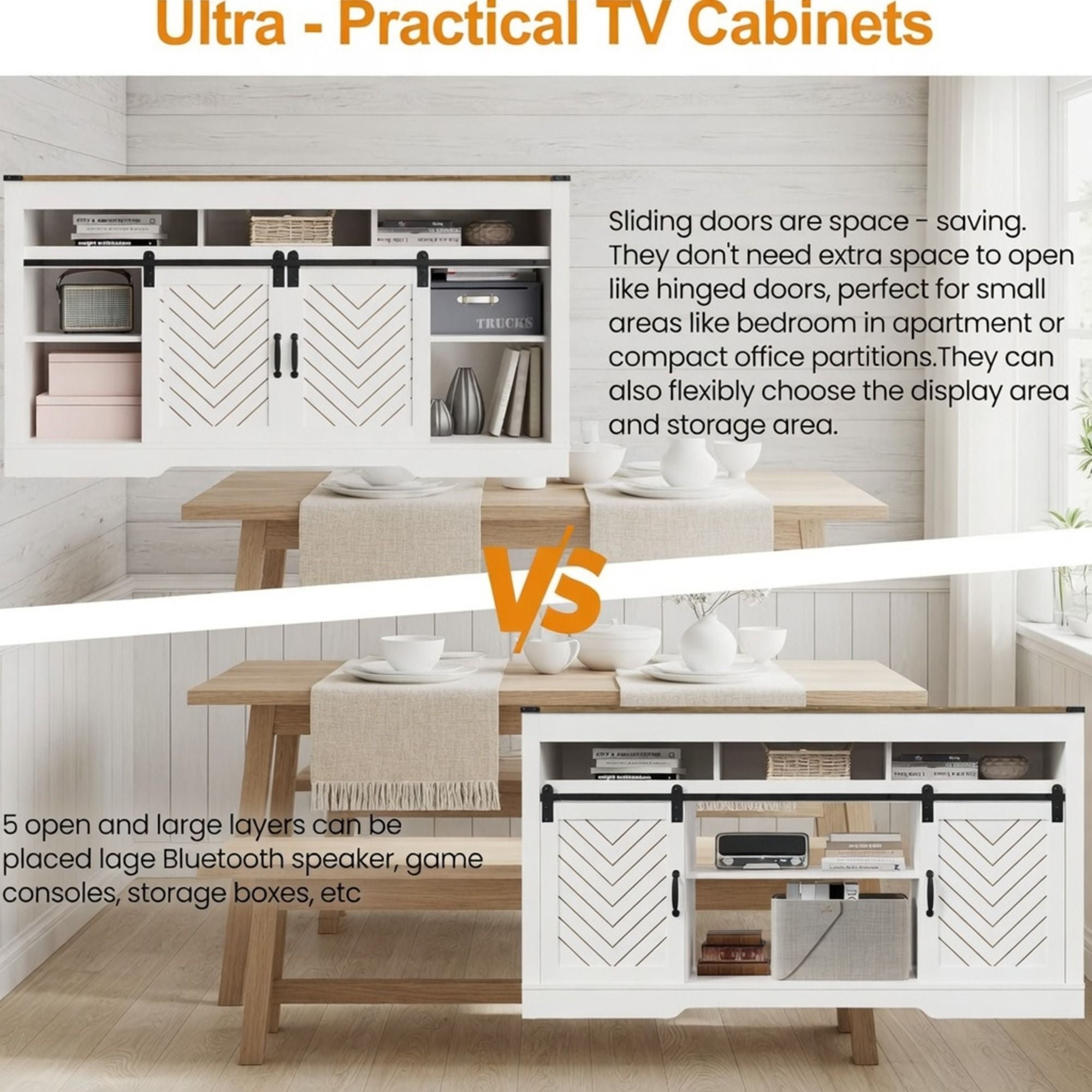 TV Stand With Sliding Barn Doors And Adjustable Storage - White / Oak