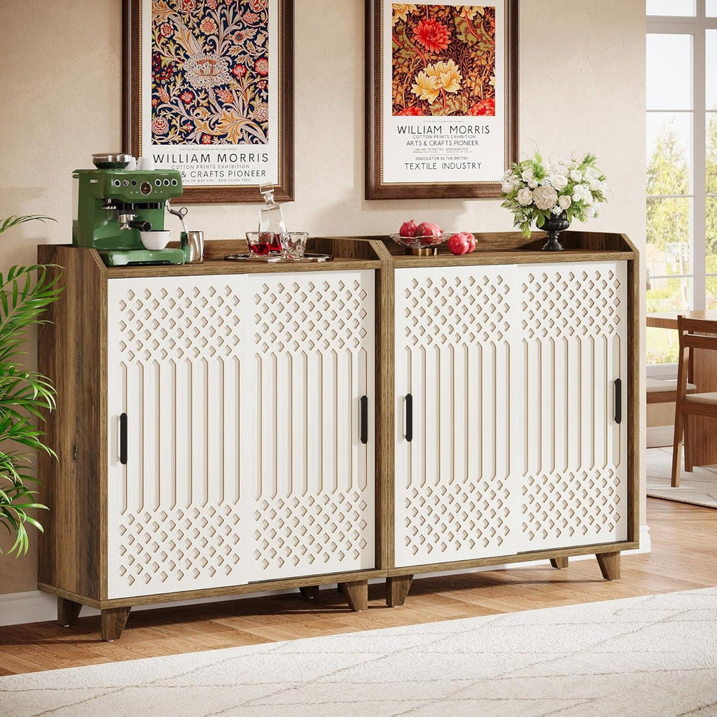 Sliding Door Sideboard Buffet Cabinet With Storage For Dining Room - Brown / White