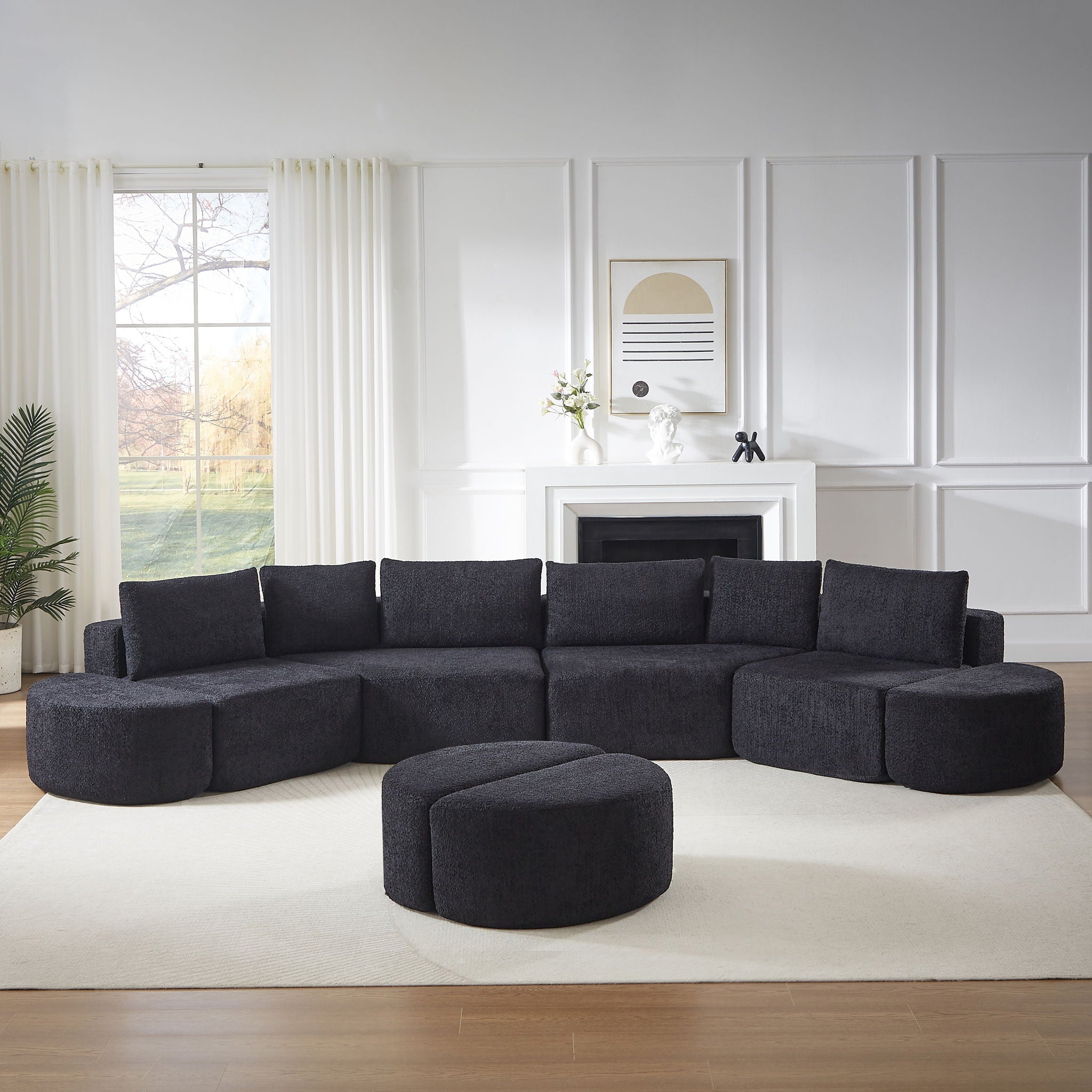 Modular Sectional Sofa With 6 Pillows And 4 Curved Footstools For Living Rooms - Black