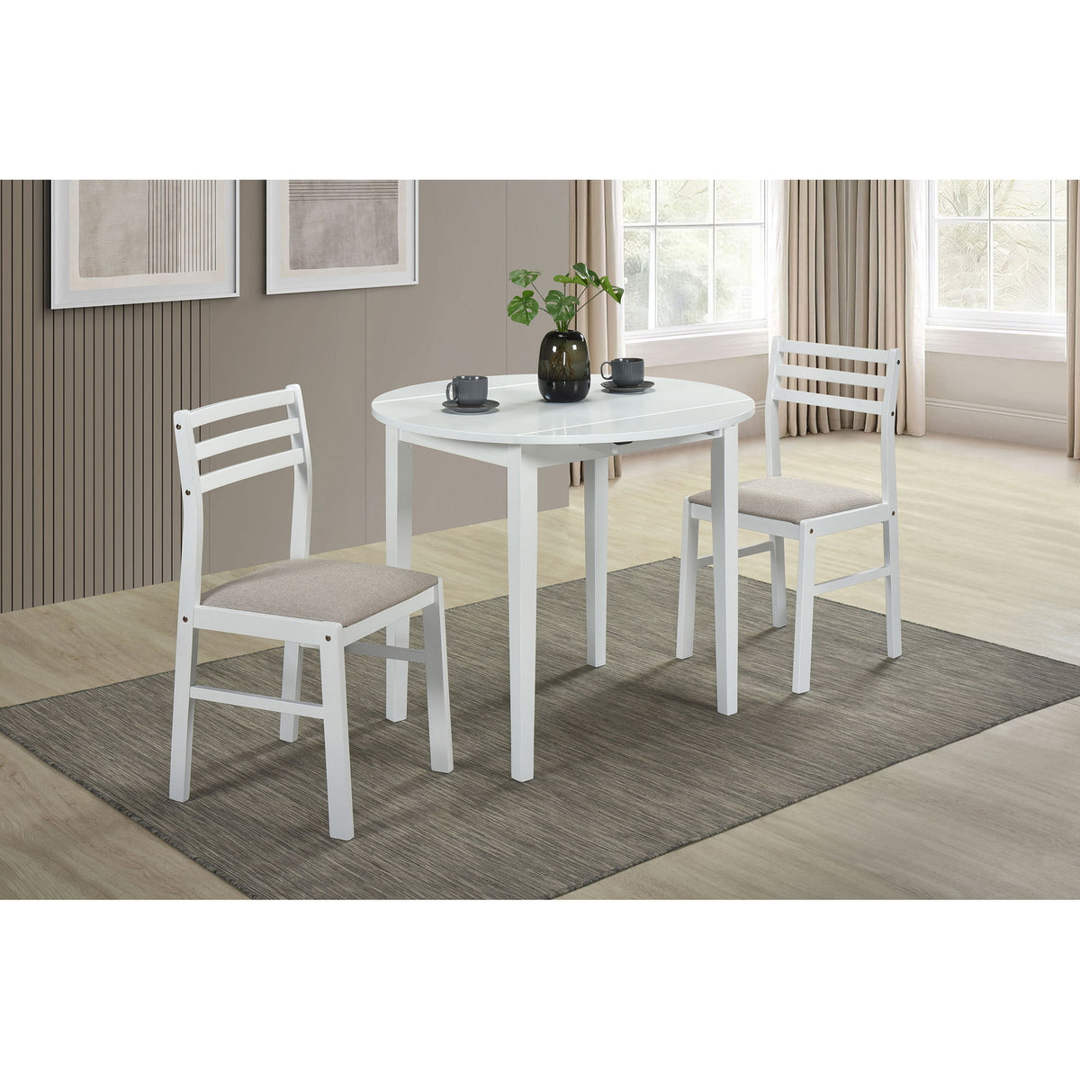 Cliff - 3 Piece Round Drop Leaf Dining Table Set With Ladderback Chairs - White