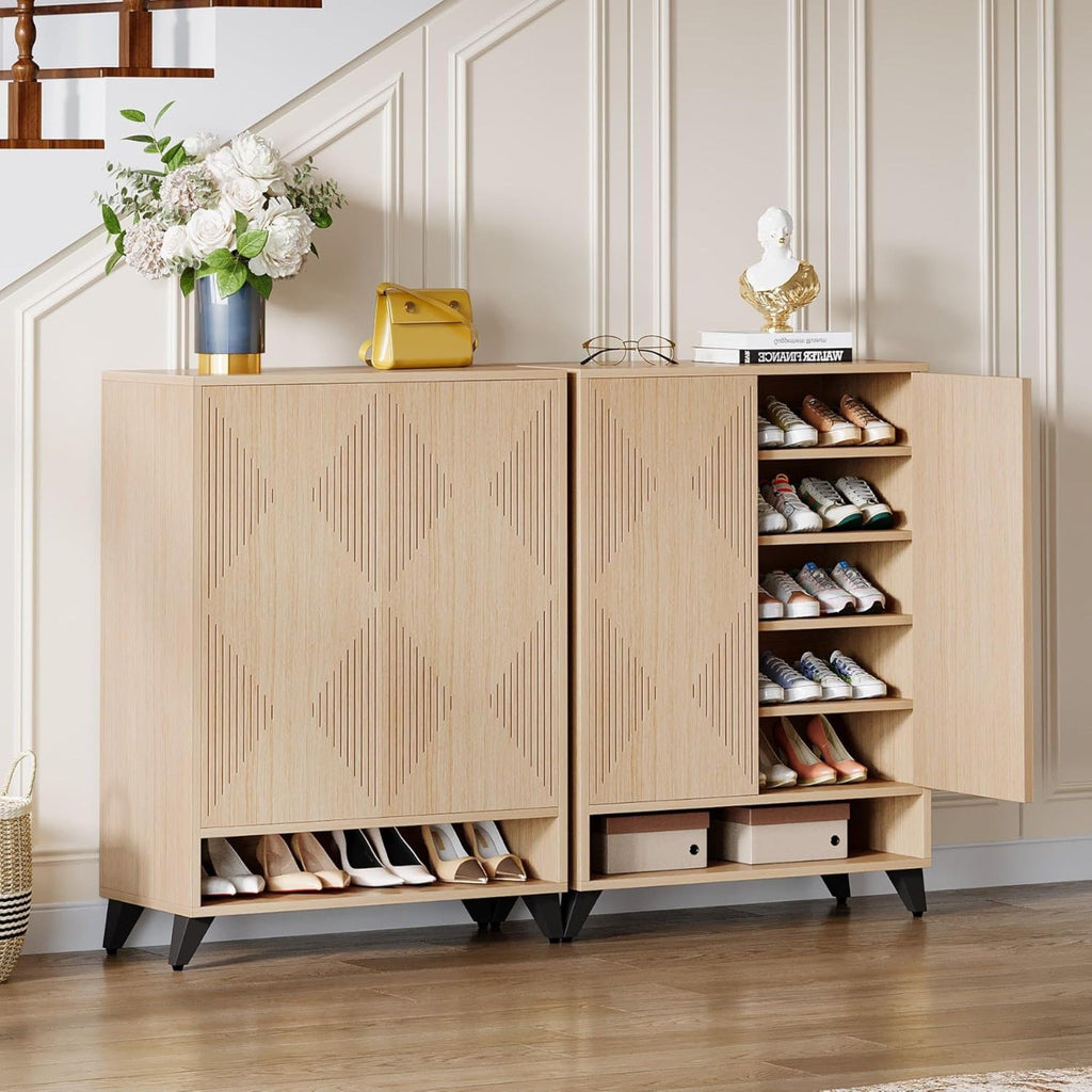 6 Tier Shoe Cabinet With Doors, Handle Free Push To Open Storage Unit For Entryway - Natural
