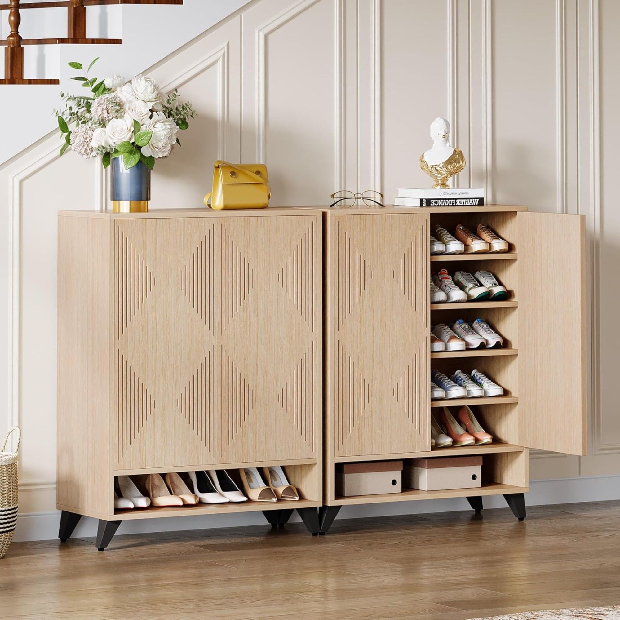6 Tier Shoe Cabinet With Doors, Handle Free Push To Open Storage Unit For Entryway - Natural
