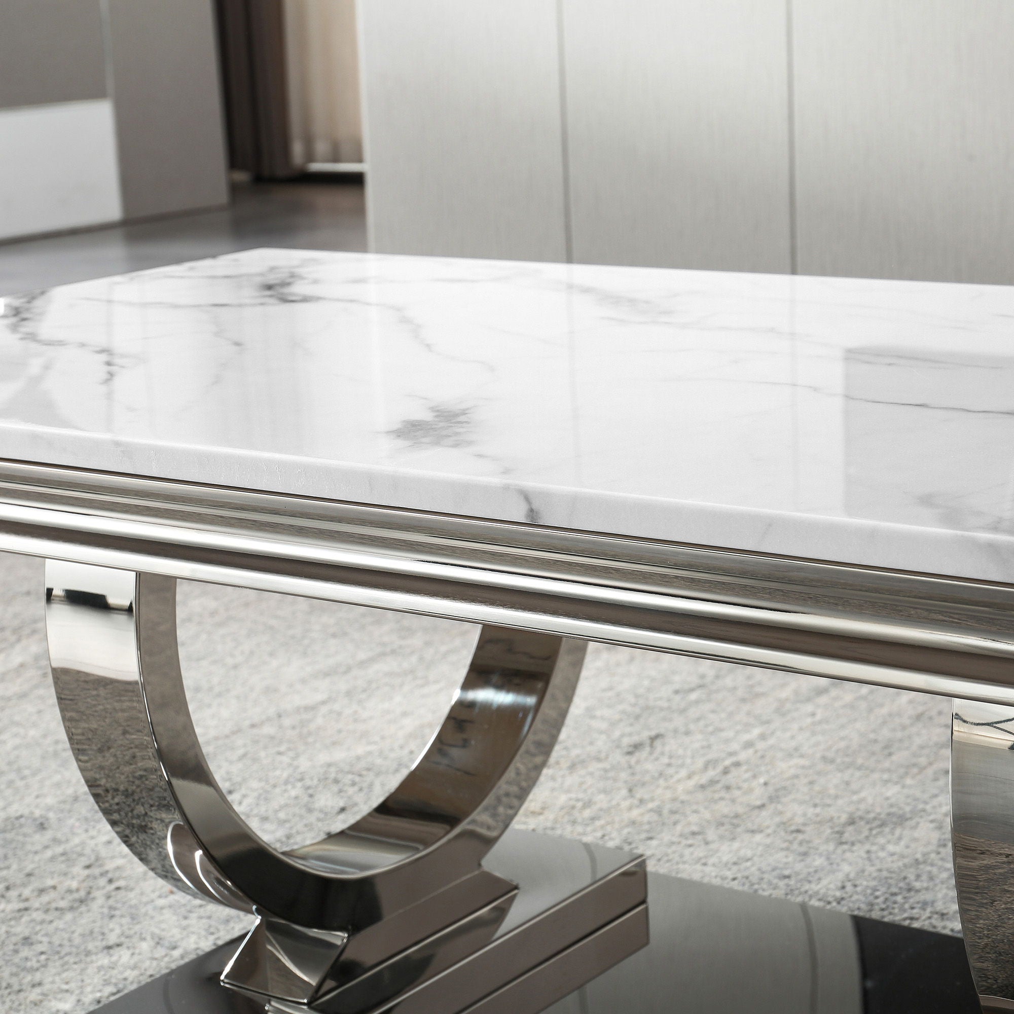Modern Rectangular Marble Printing Coffee Table, U-Shape Stainless Steel Base With Mirrored Finish