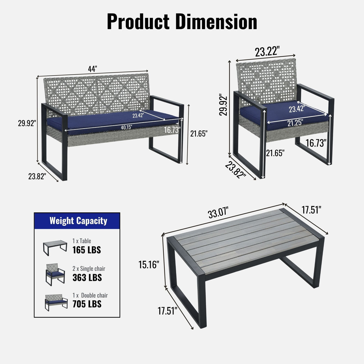 4 Piece Patio Furniture Set With Acacia Wood Table Top And Cushions