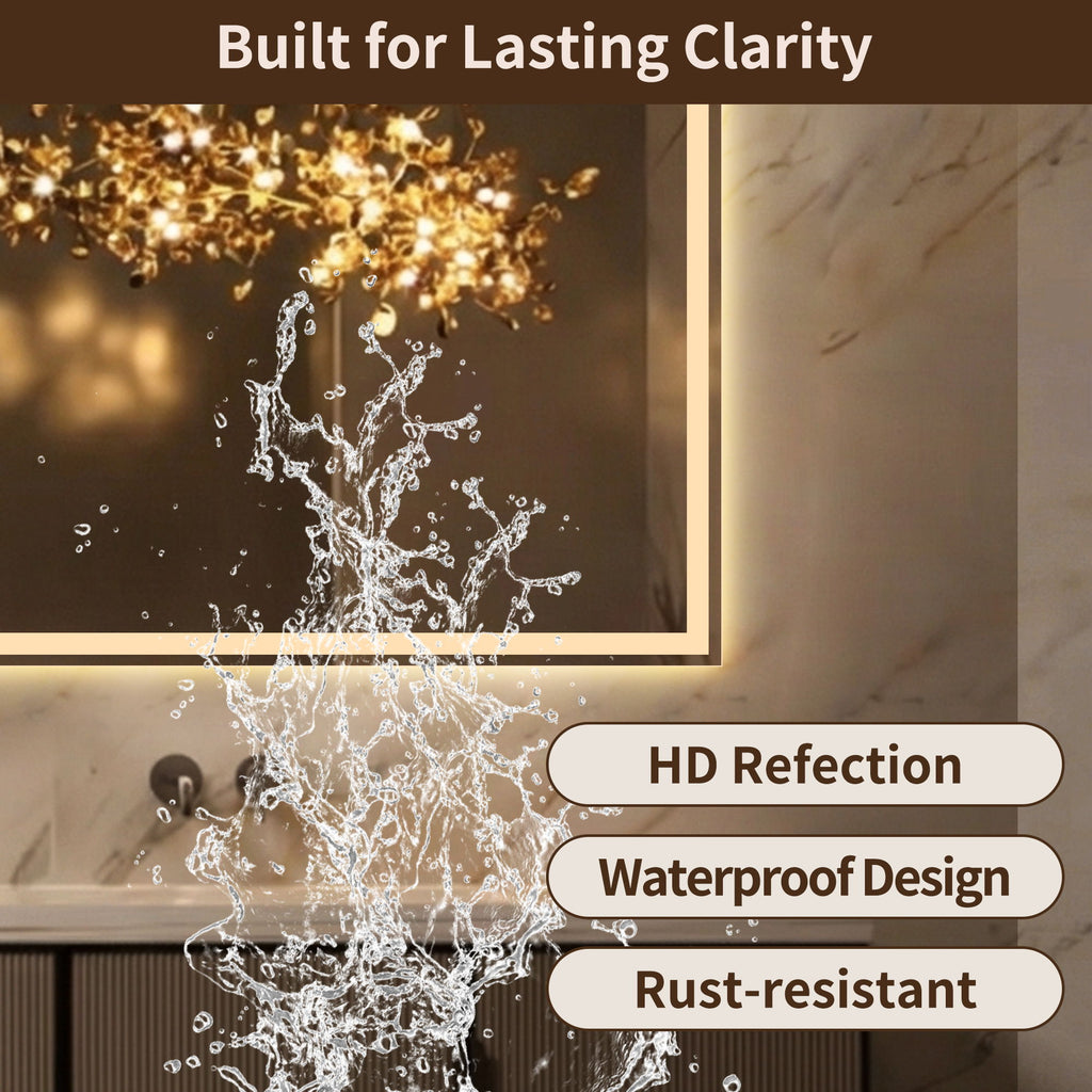 LED Bathroom Vanity Wall Mirror With Straight Edge Design, Frosted Glass Finish, Anti Fog, Dimmable 3 Color Lighting - Silver