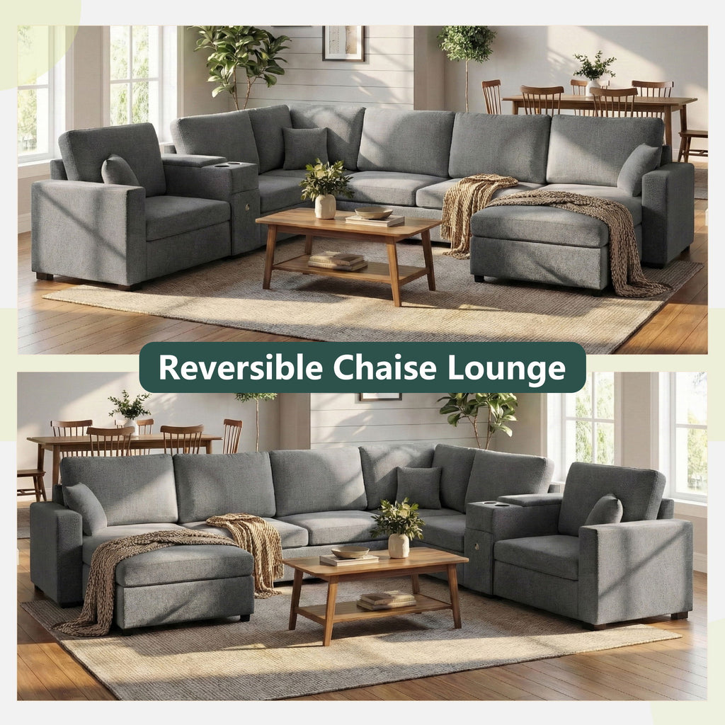 Modular 5 Seat U-Shape Sectional Sofa With Chaise Lounge, Built In Cup Holders And Storage Drawer