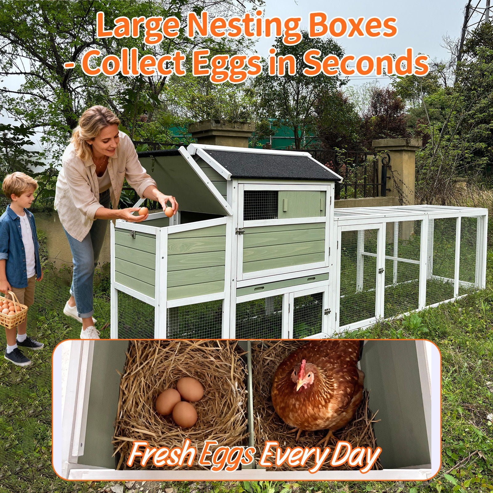 Chicken Coop, Large Outdoor Hen House With Run And Nesting Box Poultry Cage, Rabbit Hutch - Gray Green