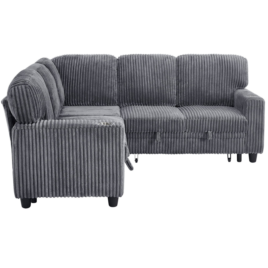 L-Shaped Sectional Sofa Bed With Pull Out Bed & Storage, 5 Seat Sleeper Couch With USB Charging For Living Room - Gray