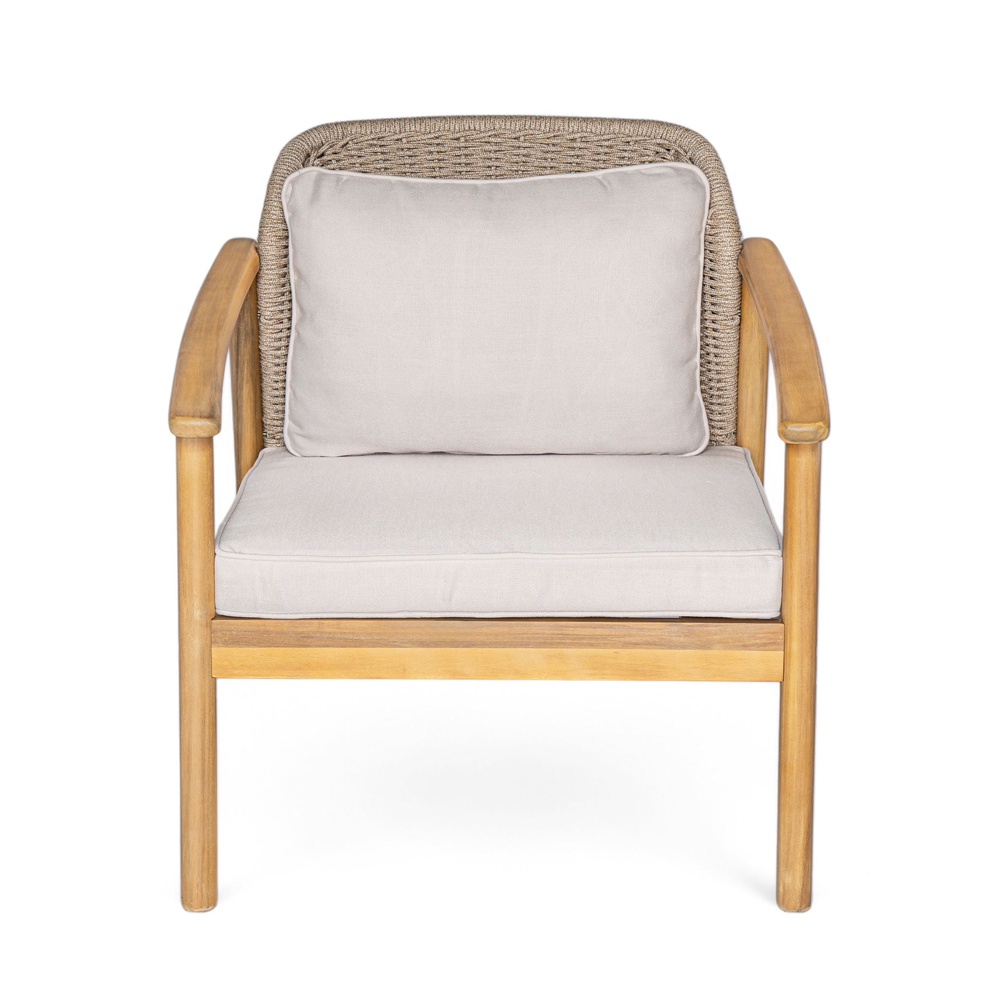 2 Piece Outdoor Acacia Wood Patio Club Chair, Patio Furniture Arm Chair With Woven Rope Backrest, Deep Seating For Porch - Light Teak / Beige