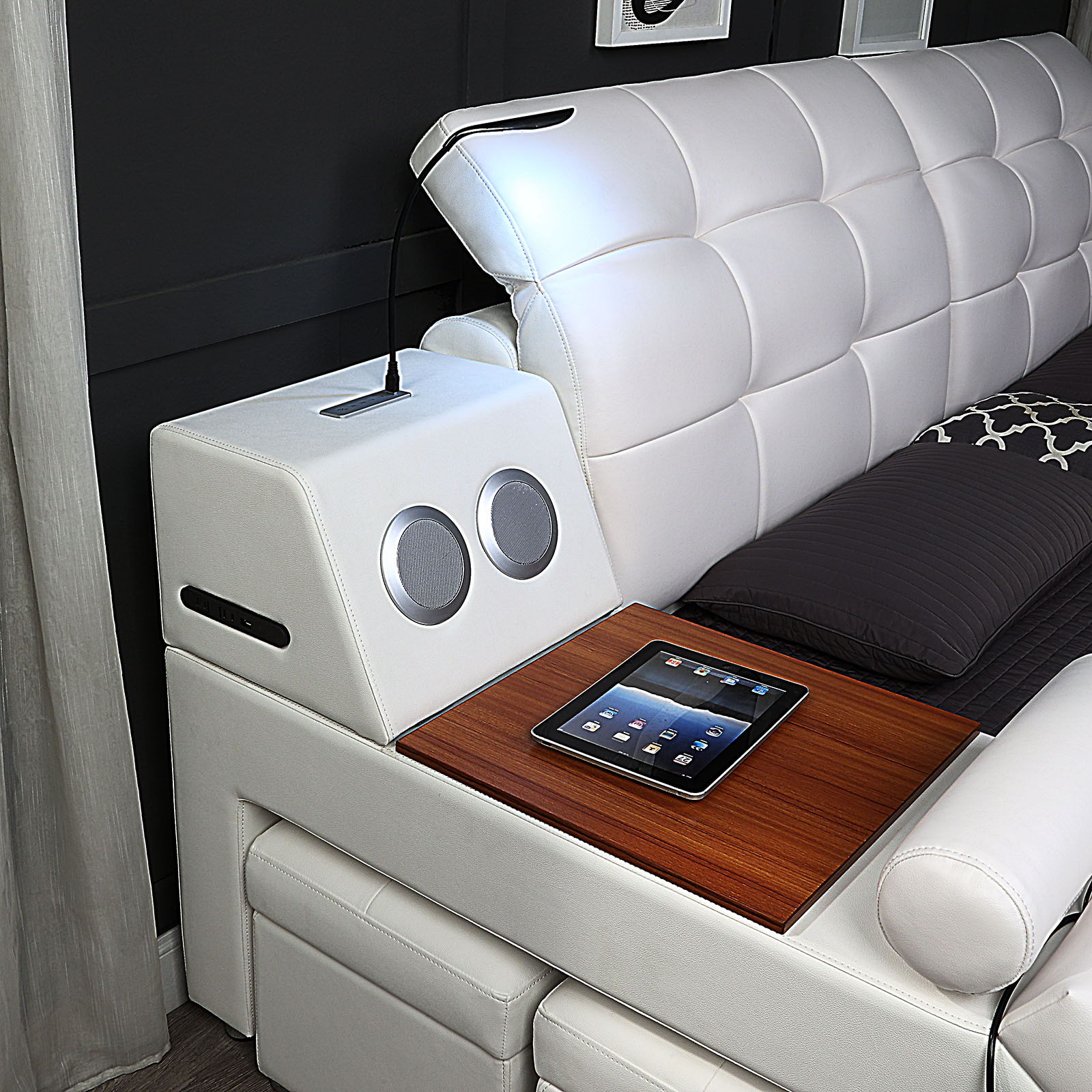 Multifunctional Upholstered Storage Bed Frame, Massage Chaise Lounge On Left