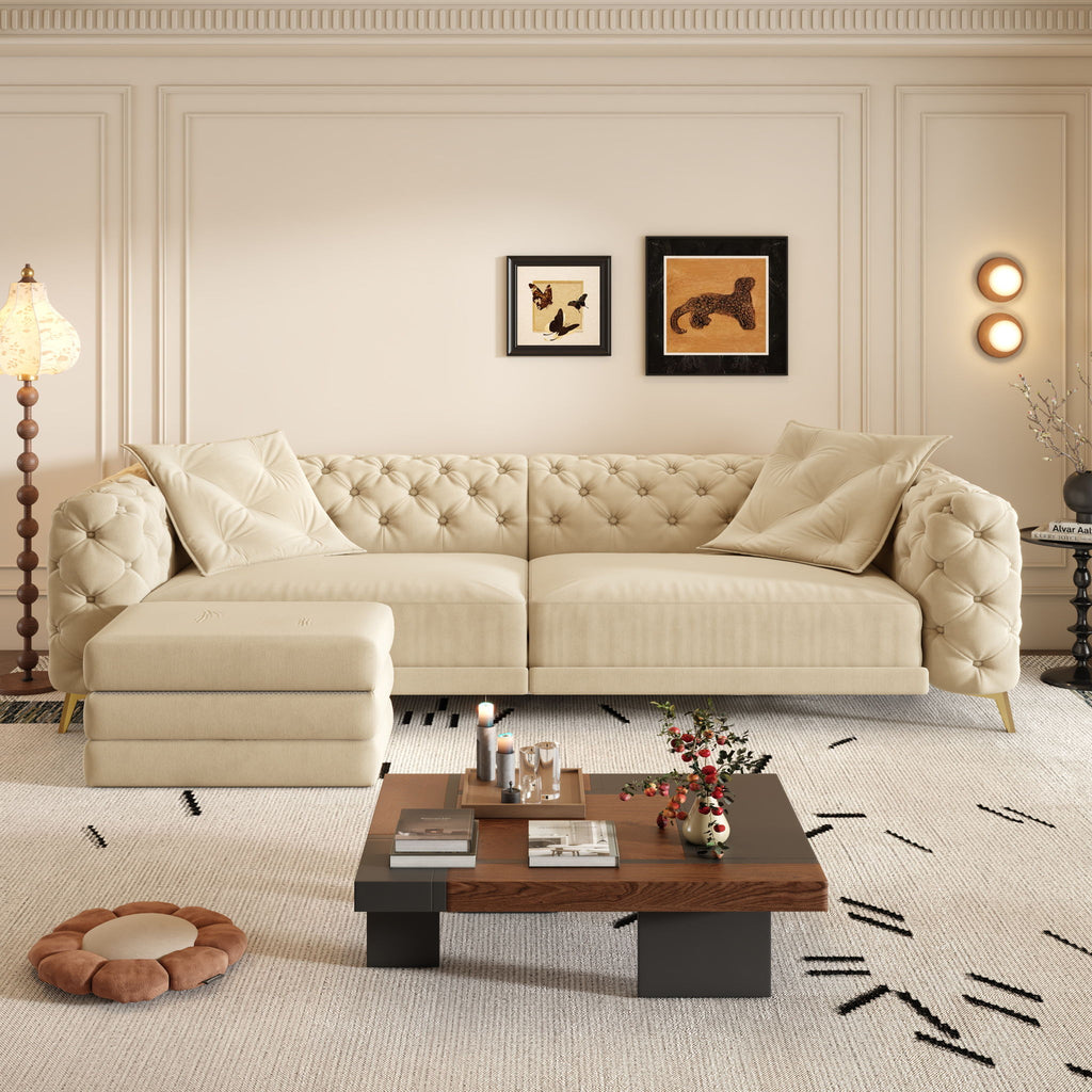 3 In 1 Convertible Sleeper Sofa, Pull Out Bed, Button Tufted, 4 Seater Couch With Movable Ottoman For Apartment - Apricot