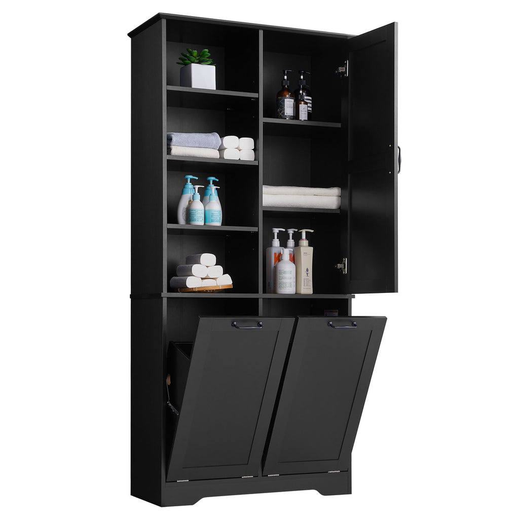Freestanding Bathroom Storage Cabinet With Doors And Drawers, Adjustable Shelves, Tilt-Out Laundry Hamper