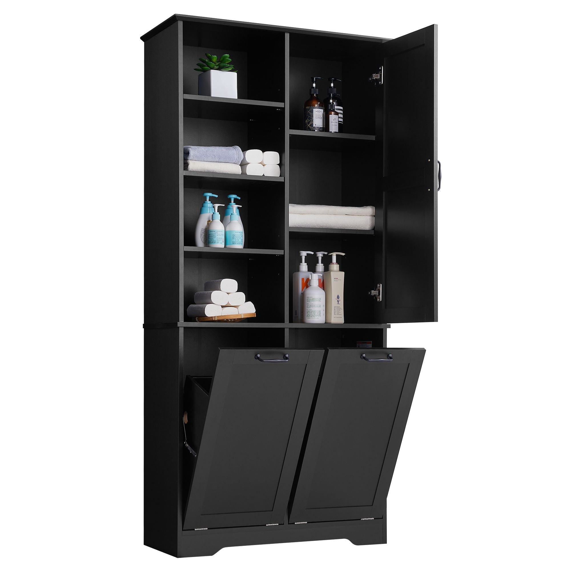 Freestanding Bathroom Storage Cabinet With Doors And Drawers, Adjustable Shelves, Tilt-Out Laundry Hamper