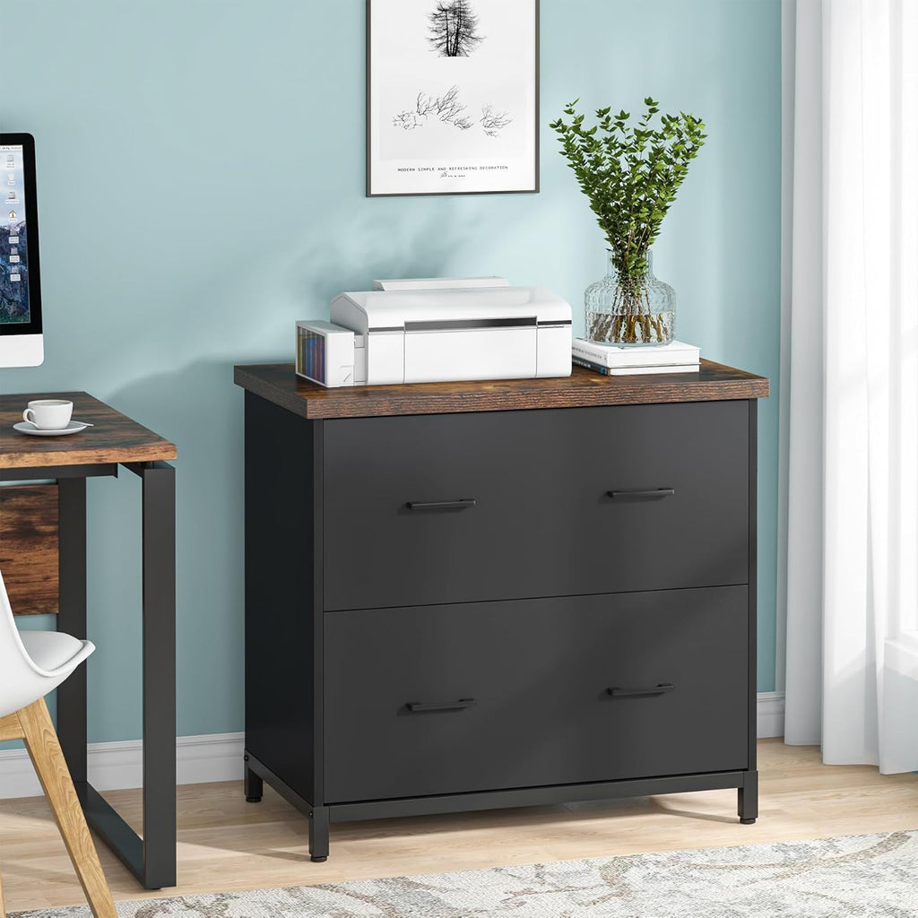 2 Drawer Lateral File Cabinet, A4 / Letter Size, Heavy Duty Storage For Home Office - Brown / Black