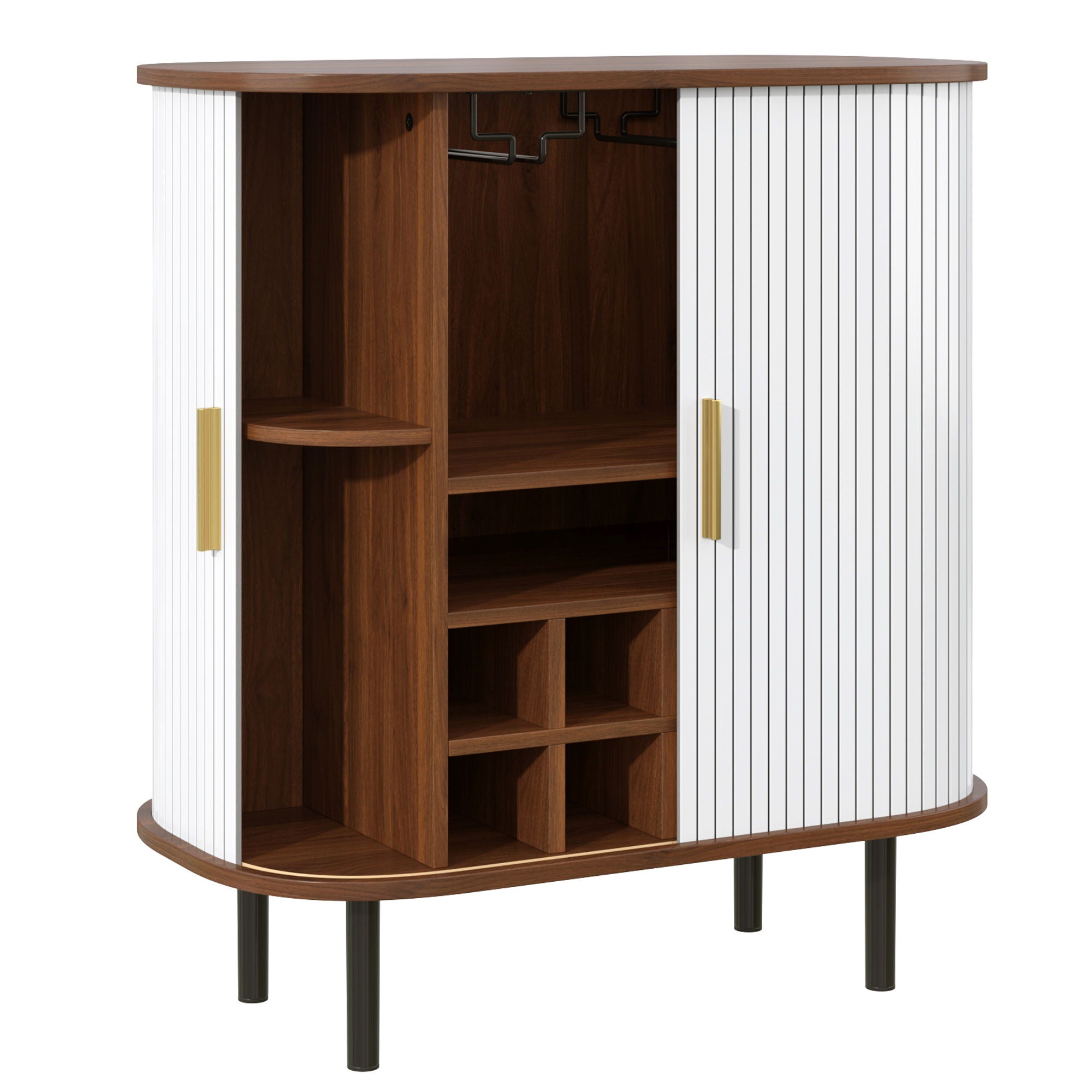 Fluted Wine Bar Cabinet With 8 Grid Wine Rack, 5 Level Adjustable Shelves, 2 Glass Holders