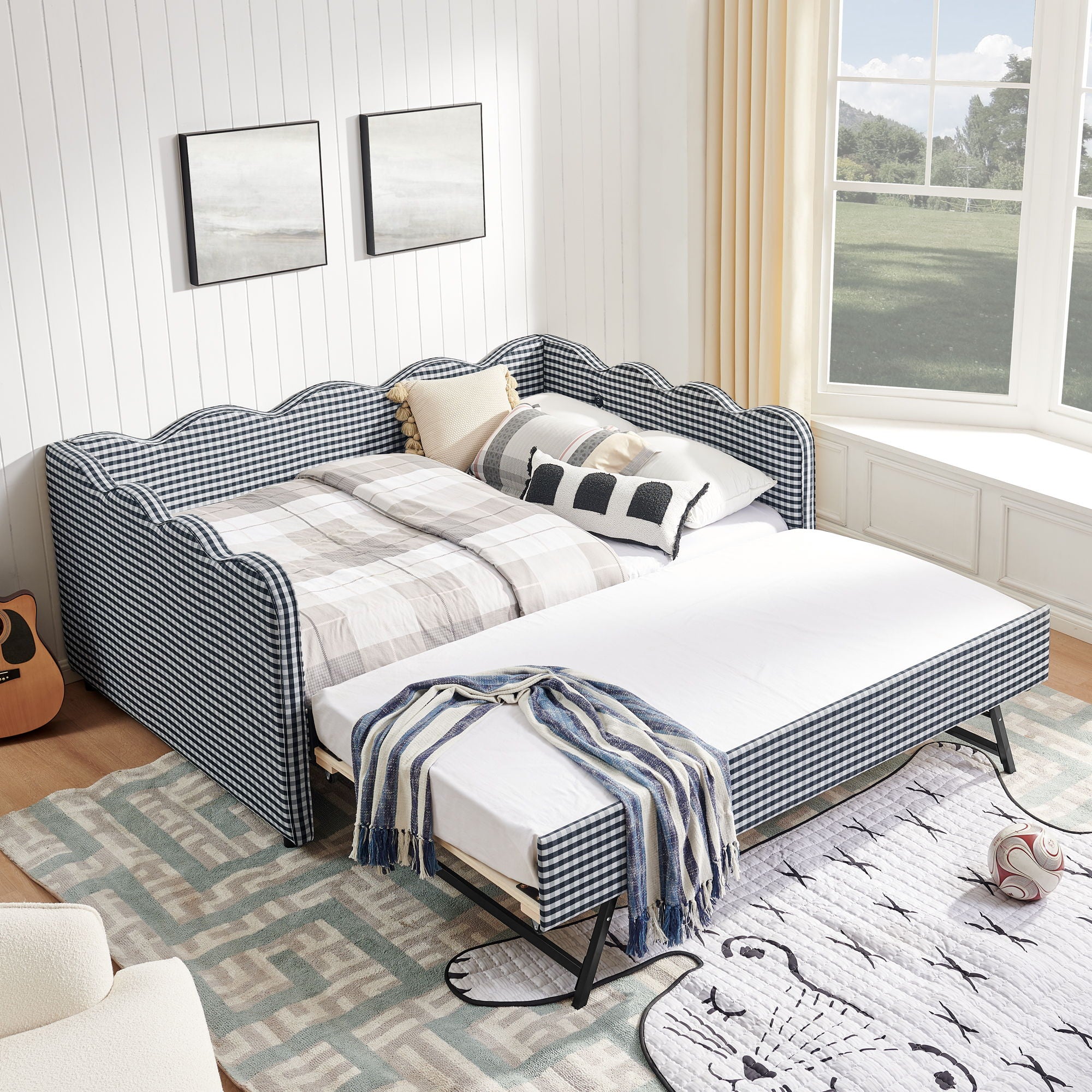 Gingham Daybed & USB Charging Port, Wave-Shaped Design