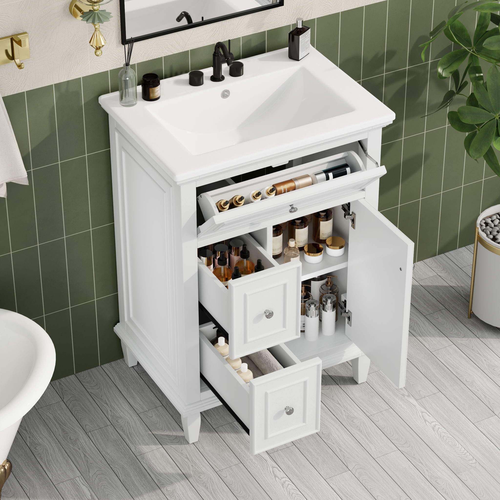 Modern Bathroom Vanity With Sink, Adjustable Shelf, 1 Flip Drawer & 2 Drawers