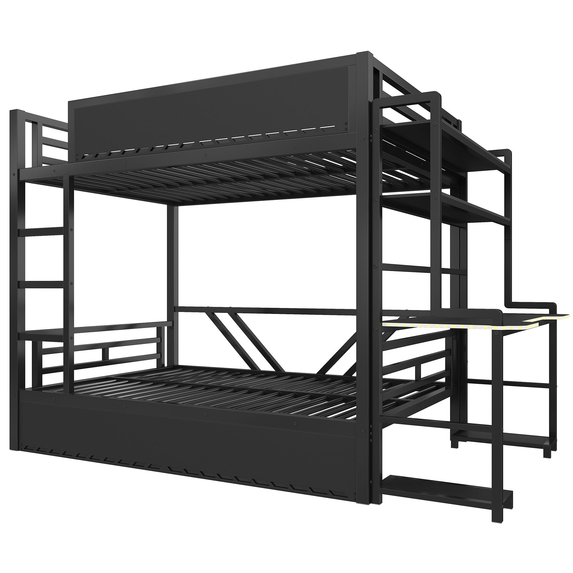 Full Gaming Bunk Bed With Desk, Two Storage Shelves And LED Light - Black