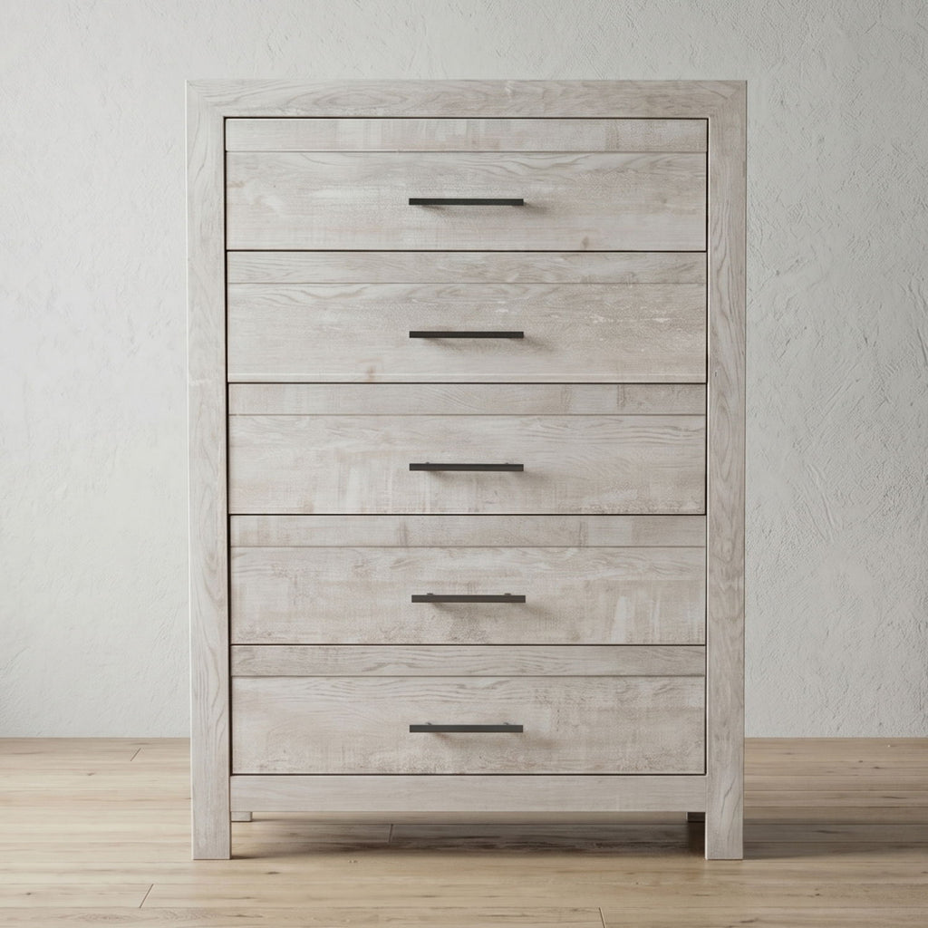 Modern Style 5 Drawer Chest In Natural Rustic Wood With Clean Lines And Spacious Storage