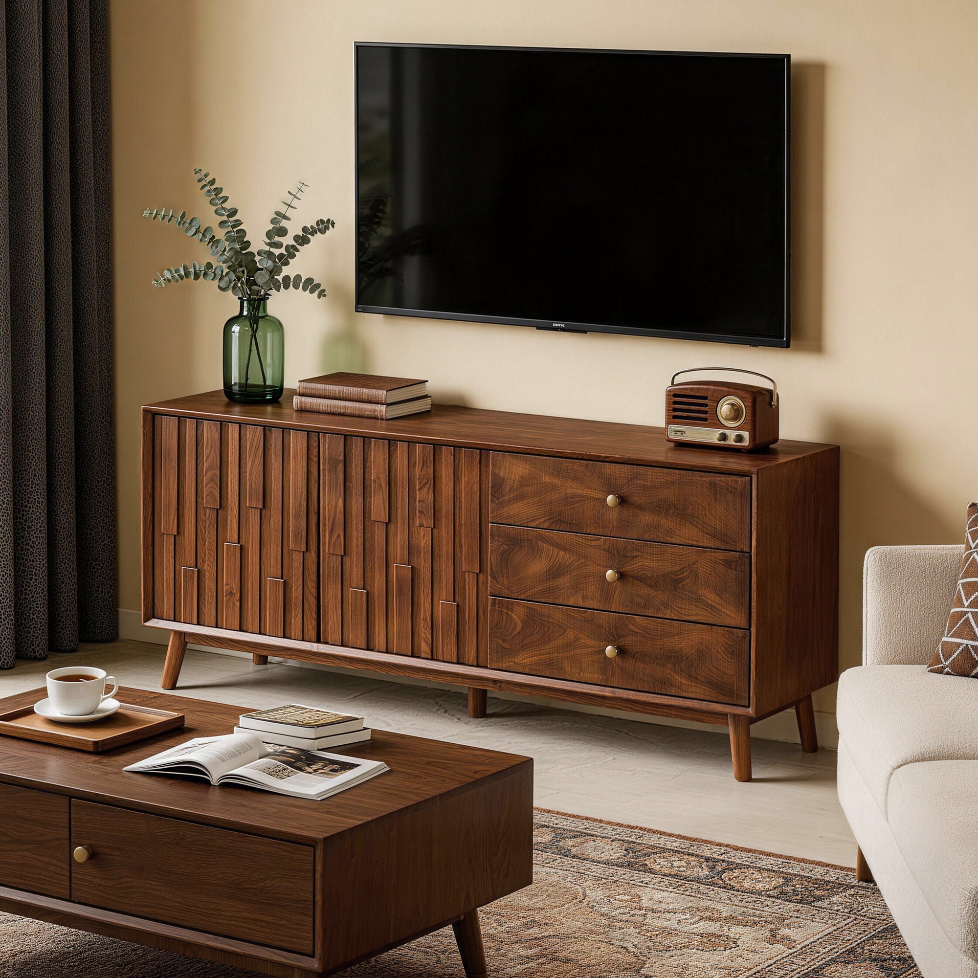 TV Stand With Storage, Entertainment Center, 3 Drawers And 2 Doors For Living Room - Walnut