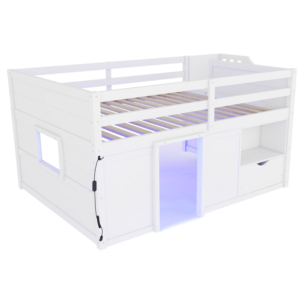 Low Loft Bed Frame With Built In Stairs, Storage Drawer, Shelf And 7 Color LED Light