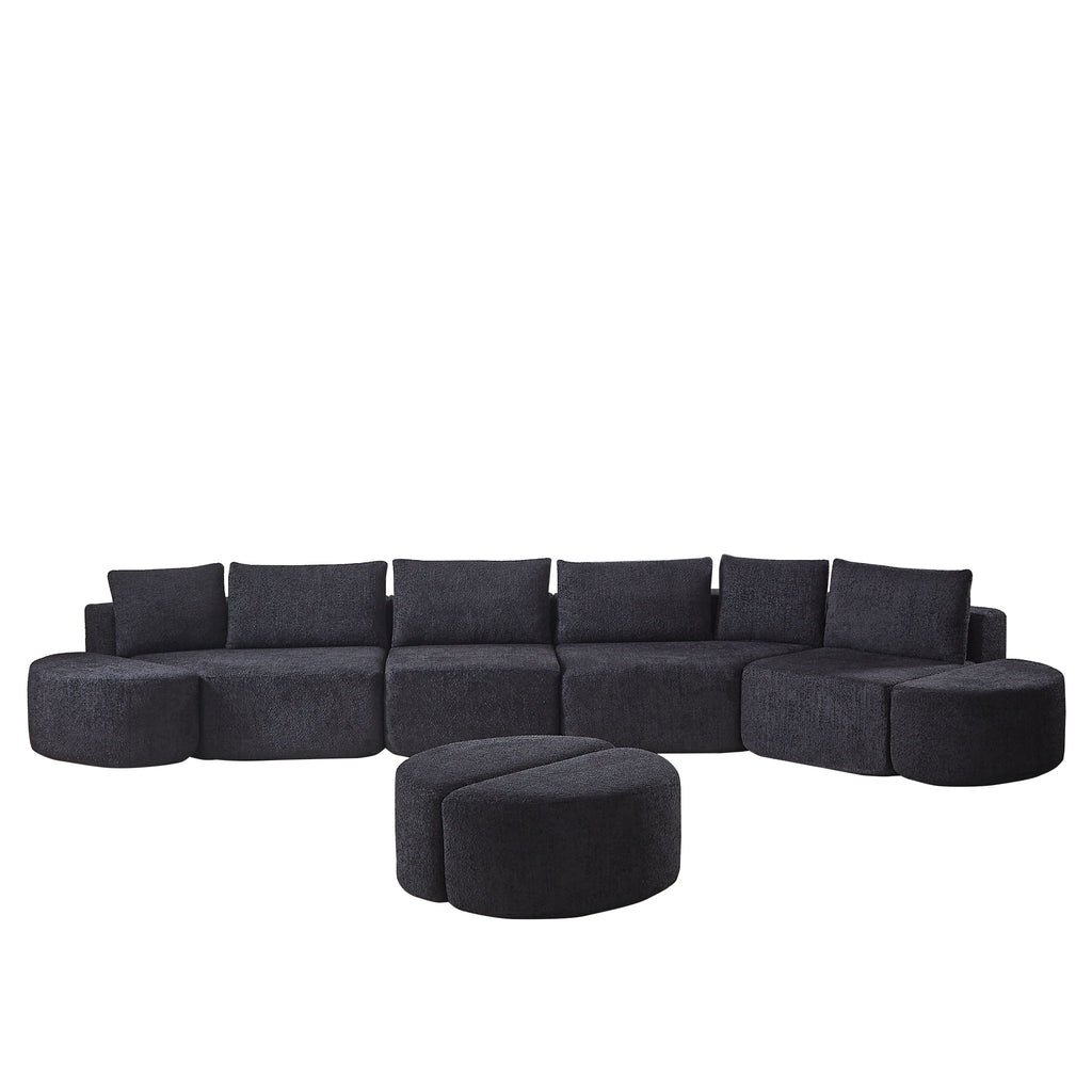 Modular Sectional Sofa With 6 Pillows And 4 Curved Footstools For Living Rooms - Black