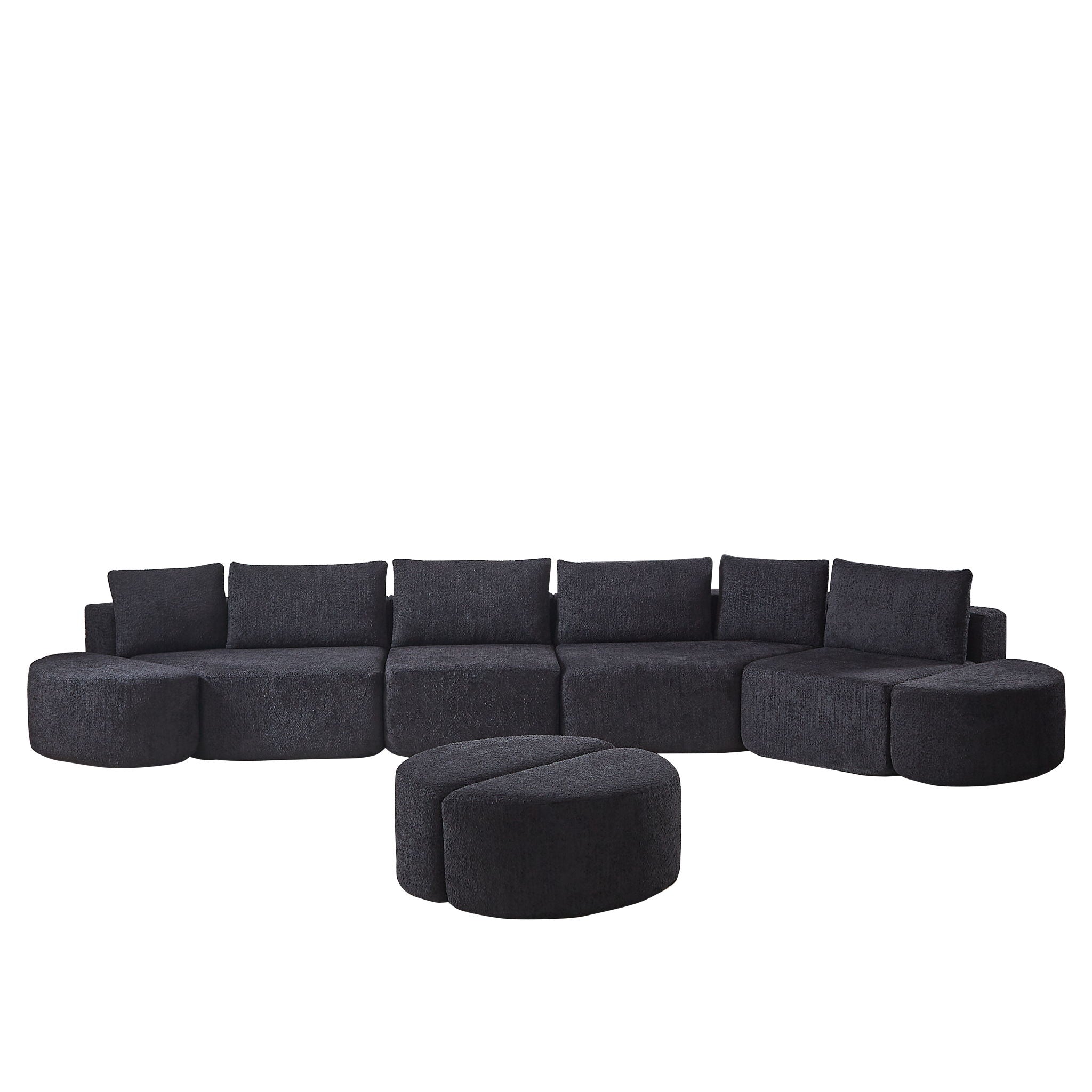 Modular Sectional Sofa With 6 Pillows And 4 Curved Footstools For Living Rooms - Black