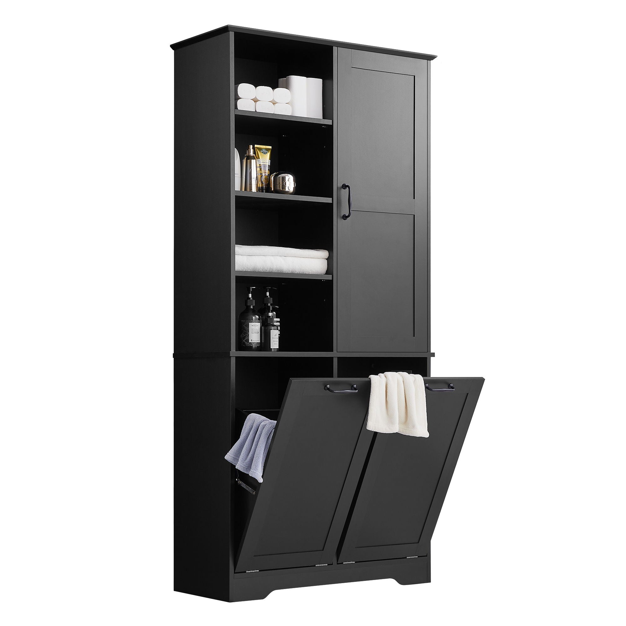 Freestanding Bathroom Storage Cabinet With Doors And Drawers, Adjustable Shelves, Tilt-Out Laundry Hamper