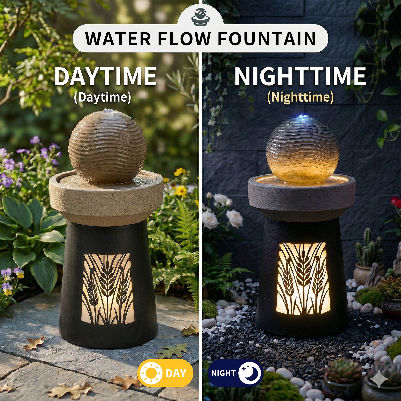 Outdoor Water Fountain, Warm LED Light - Brown