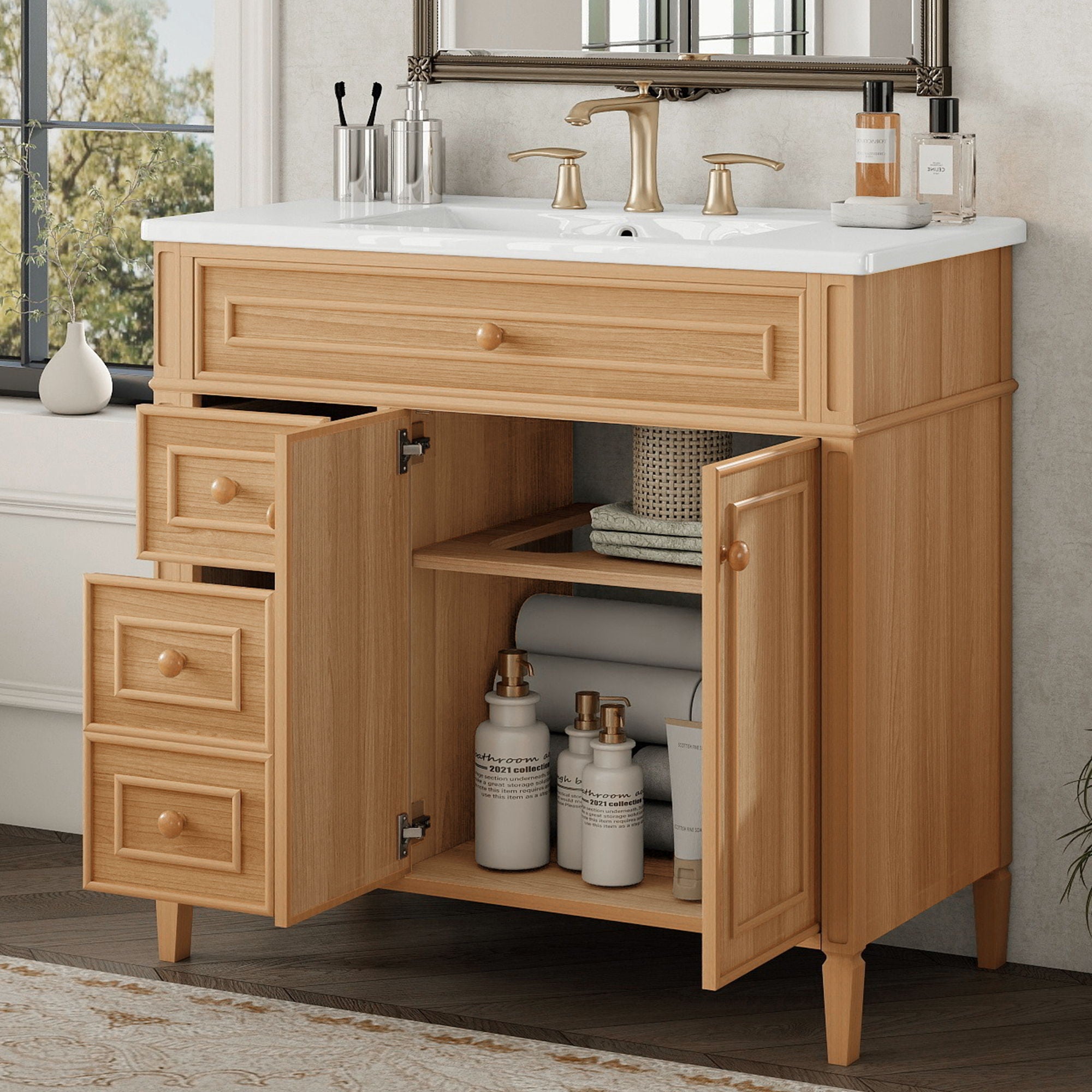 Bathroom Vanity With Sink, 3 Drawers & 2 Doors