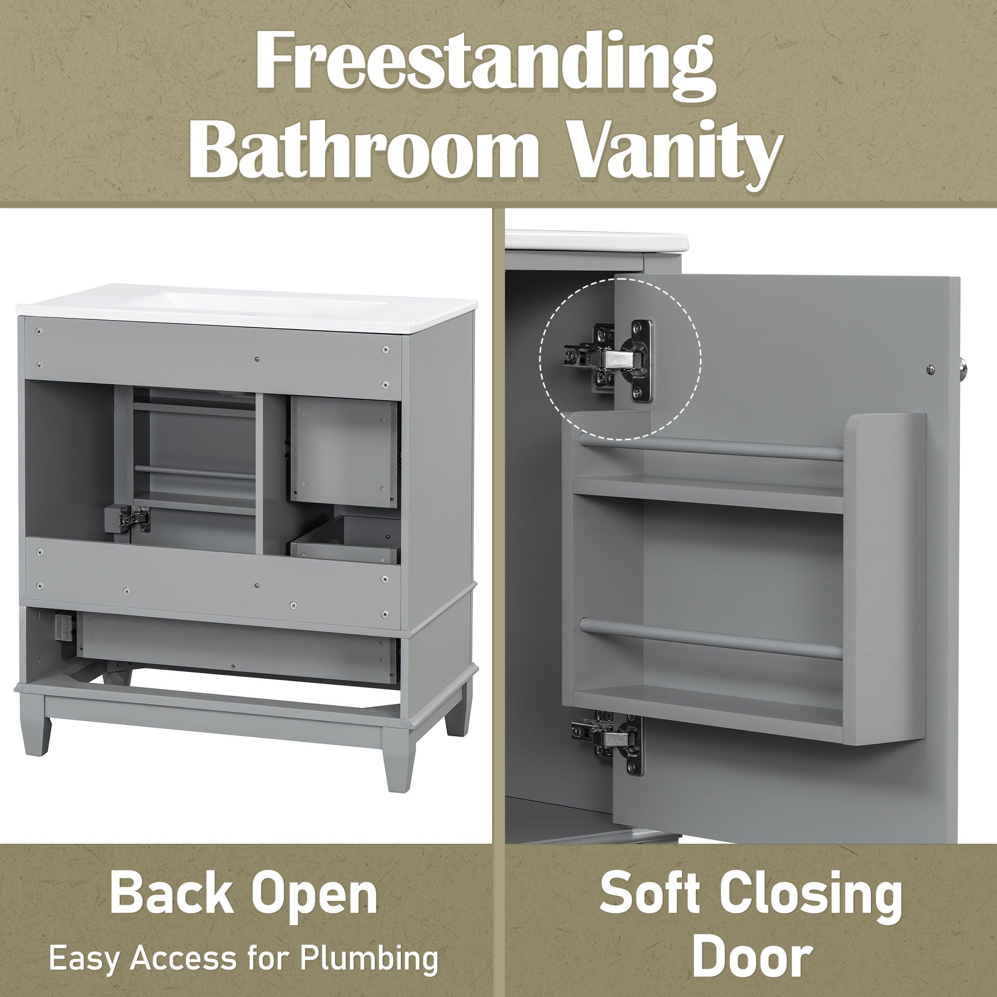 Freestanding Bathroom Vanity With Sink, Soft Close Door, 3 Drawers