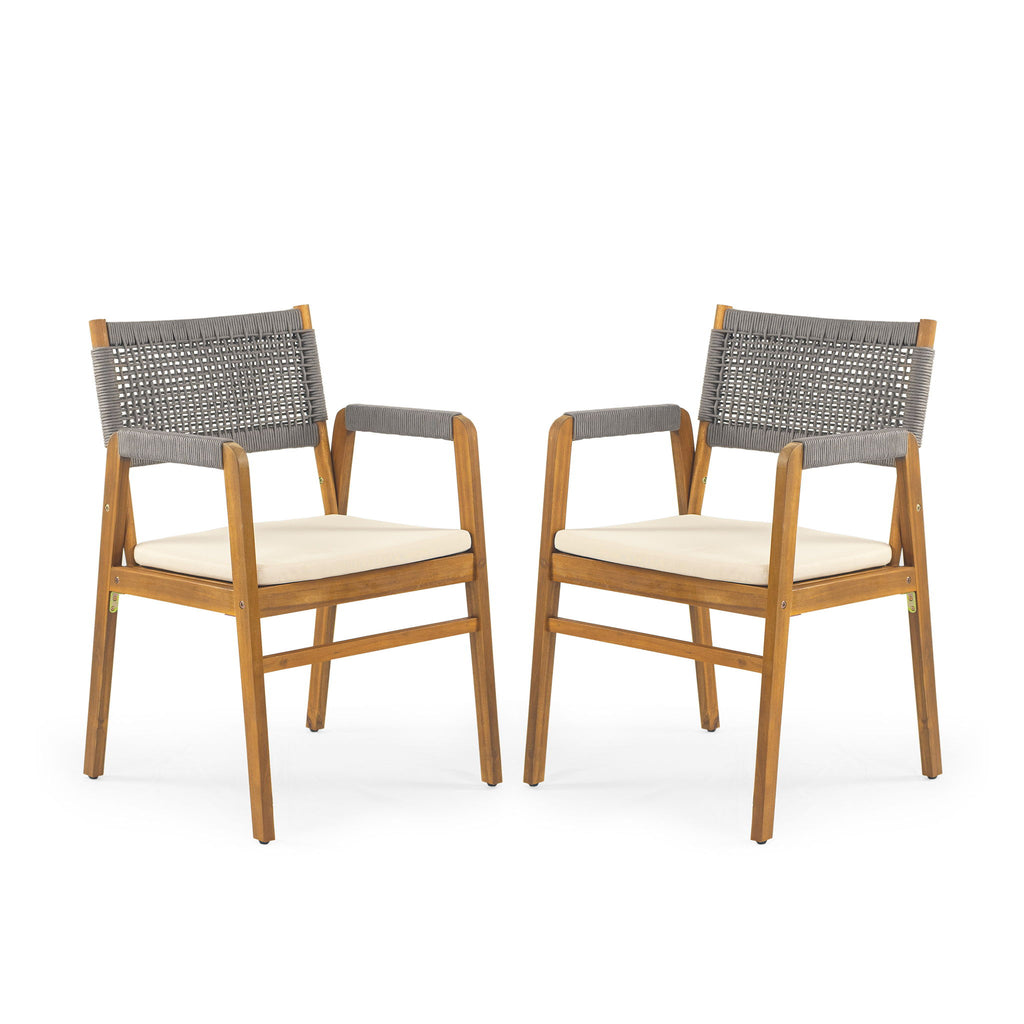 Outdoor 7 Pieces Patio Slat Design Acacia Upholstered Dining Set