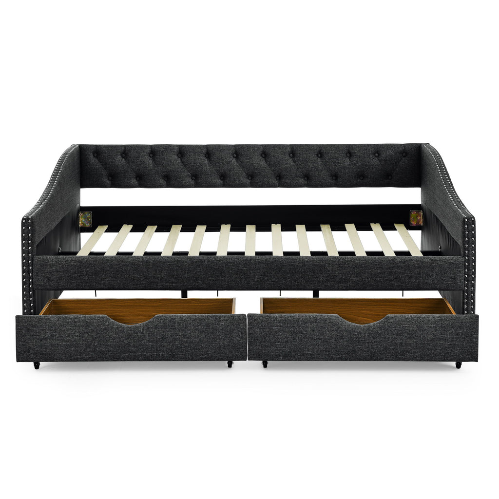Full Size Upholstered Daybed With Tufted Back And Nail Trimmed Waved Arms - Dark Gray