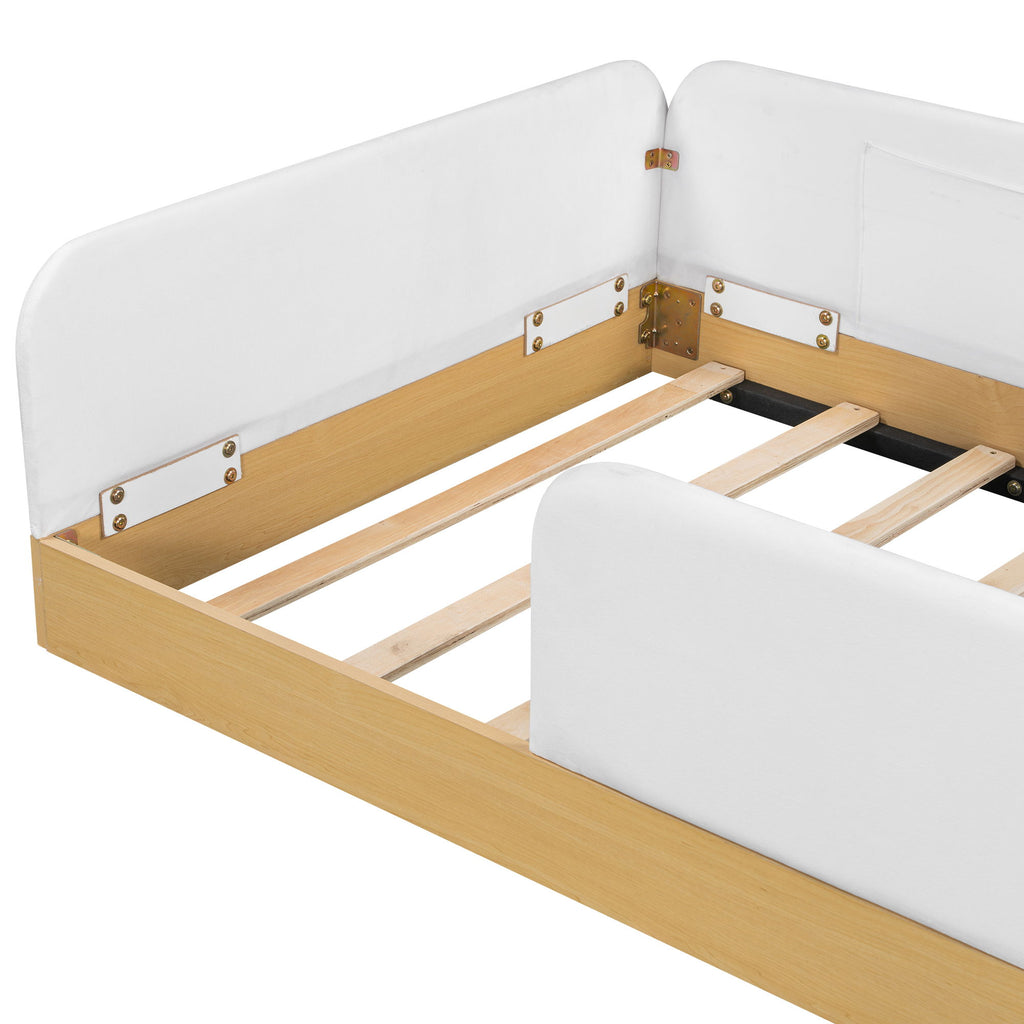 Twin Upholstered Platform Bed With Guardrail And Storage Bags - Natural